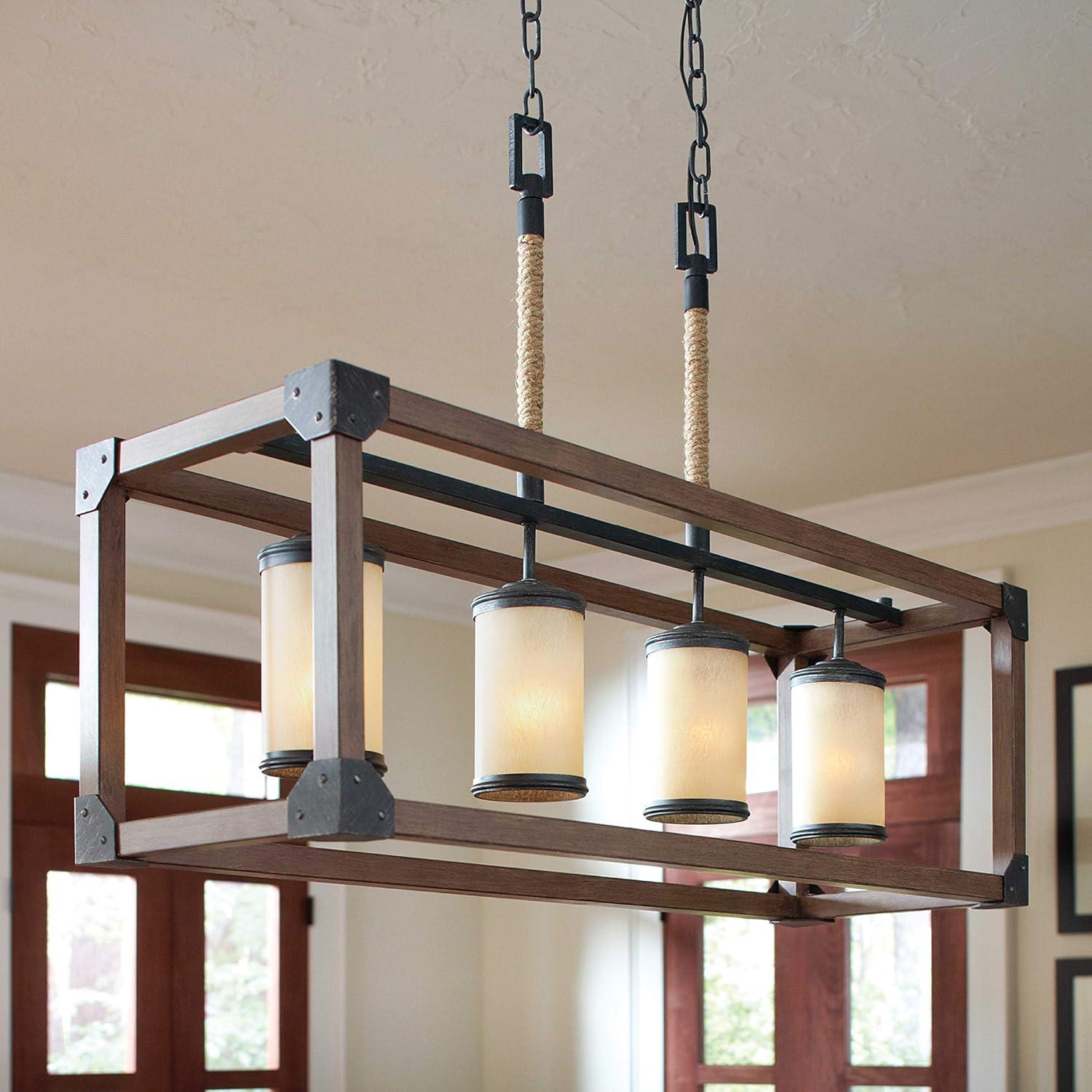 Dunning 4-Light Weathered Gray and Distressed Oak Farmhouse Rectangular Island Chandelier with Parchment Glass Shades
