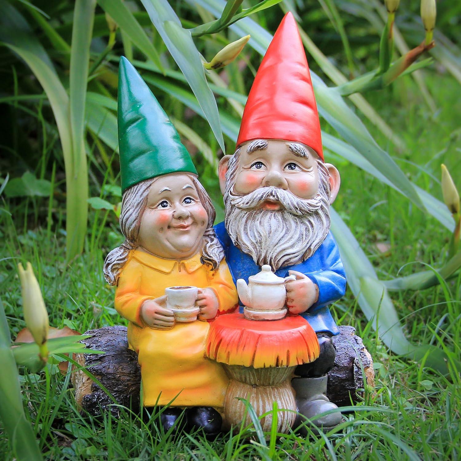 Colorful Resin Couple Gnomes on Log with Mushroom Table