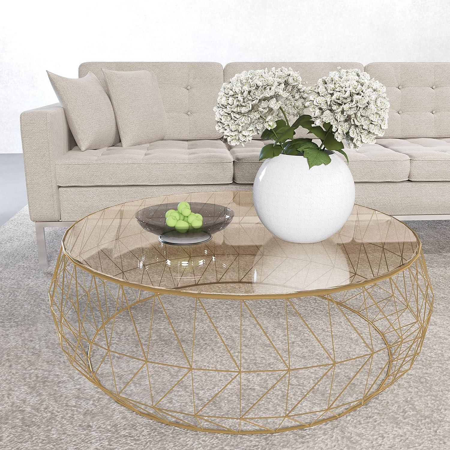 Modern Malibu 35" Round Glass Coffee Table with Geometric Gold Base