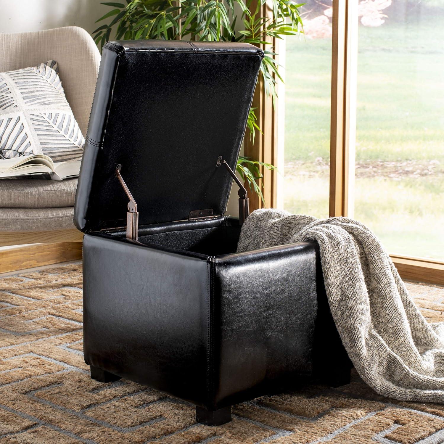 White Bi-Cast Leather Storage Ottoman with Birchwood Frame