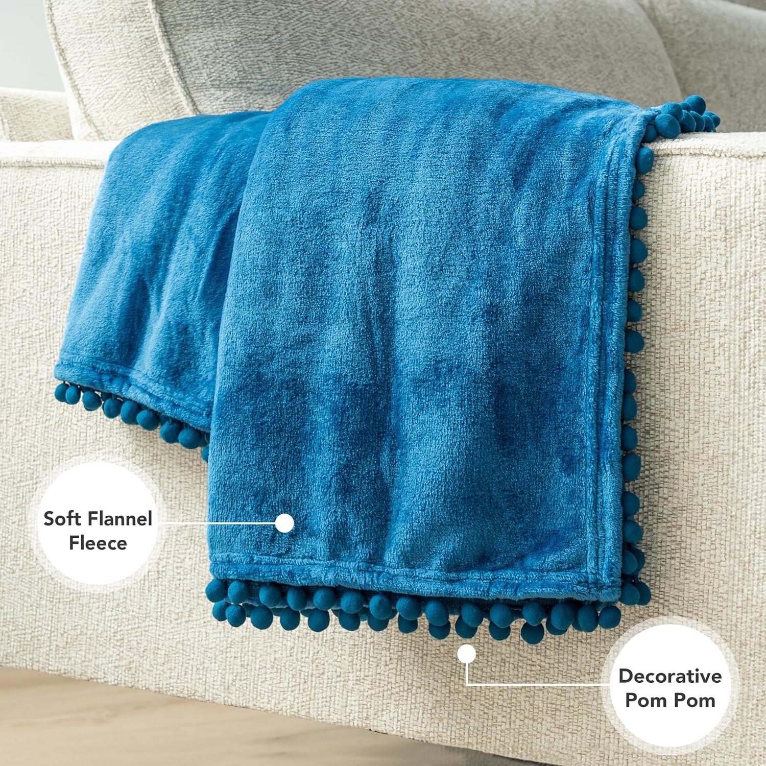 PAVILIA Fleece Pom Pom Blanket Throw for Sofa Bed, Soft Lightweight Pompom Fringe Blanket for Couch