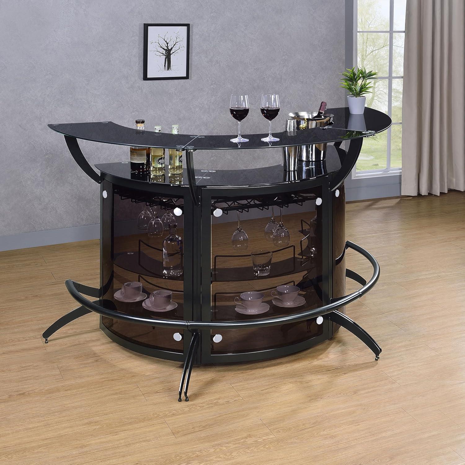 Dallas Black and Smoke Glass Curved Home Bar with Shelves