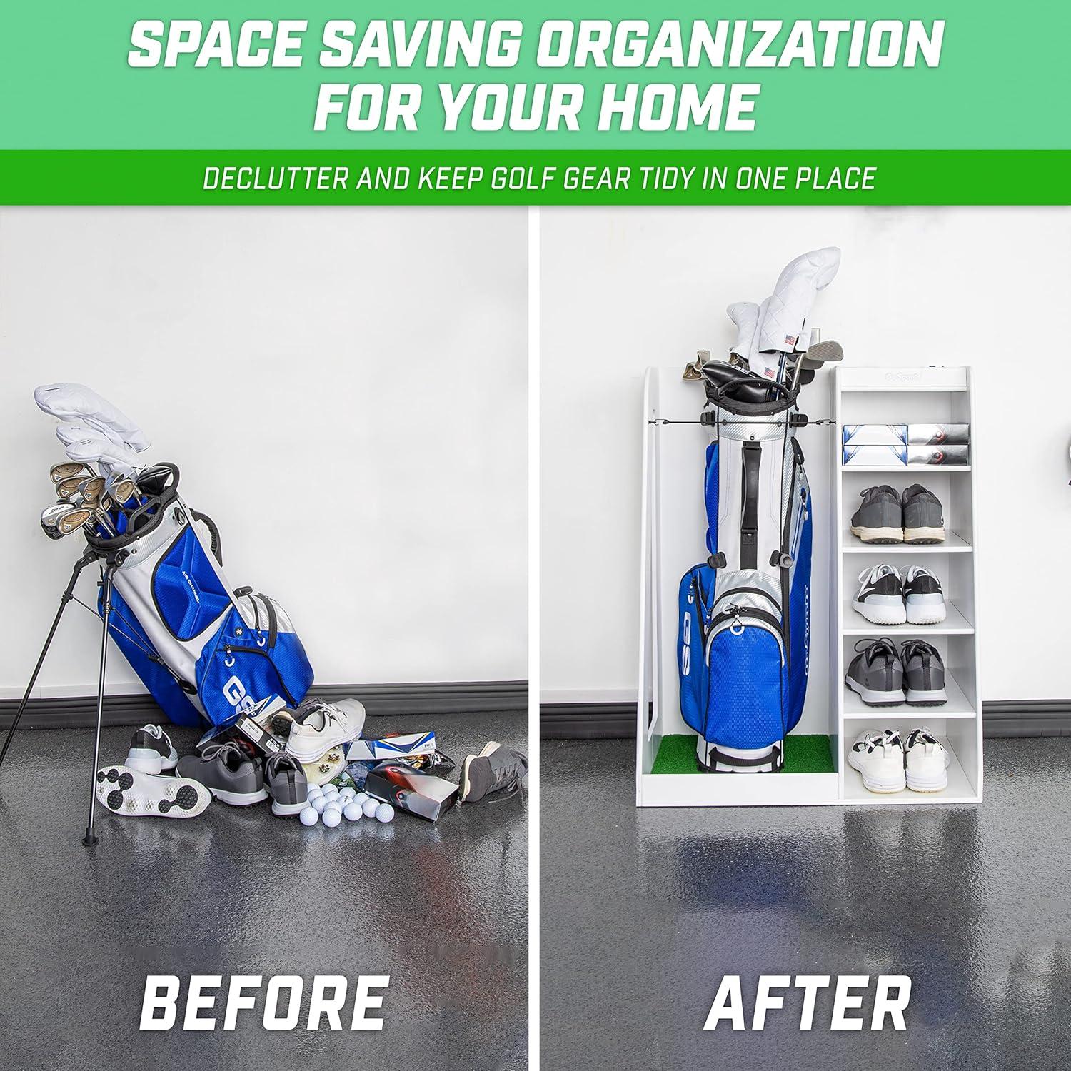 GoSports Premium Wooden Freestanding Golf Bag Organizer and Storage Rack