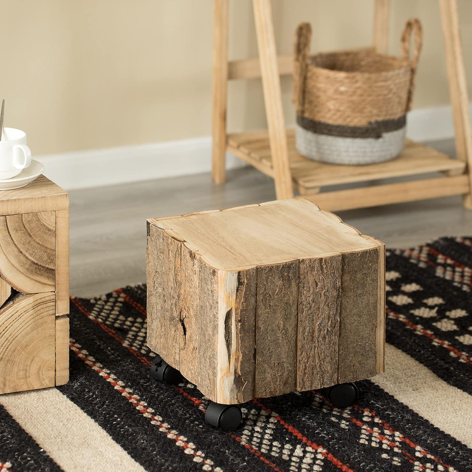 Vintiquewise Accent Decorative Natural Wooden Square Stump Stool, with Wheels for Indoor and Outdoor