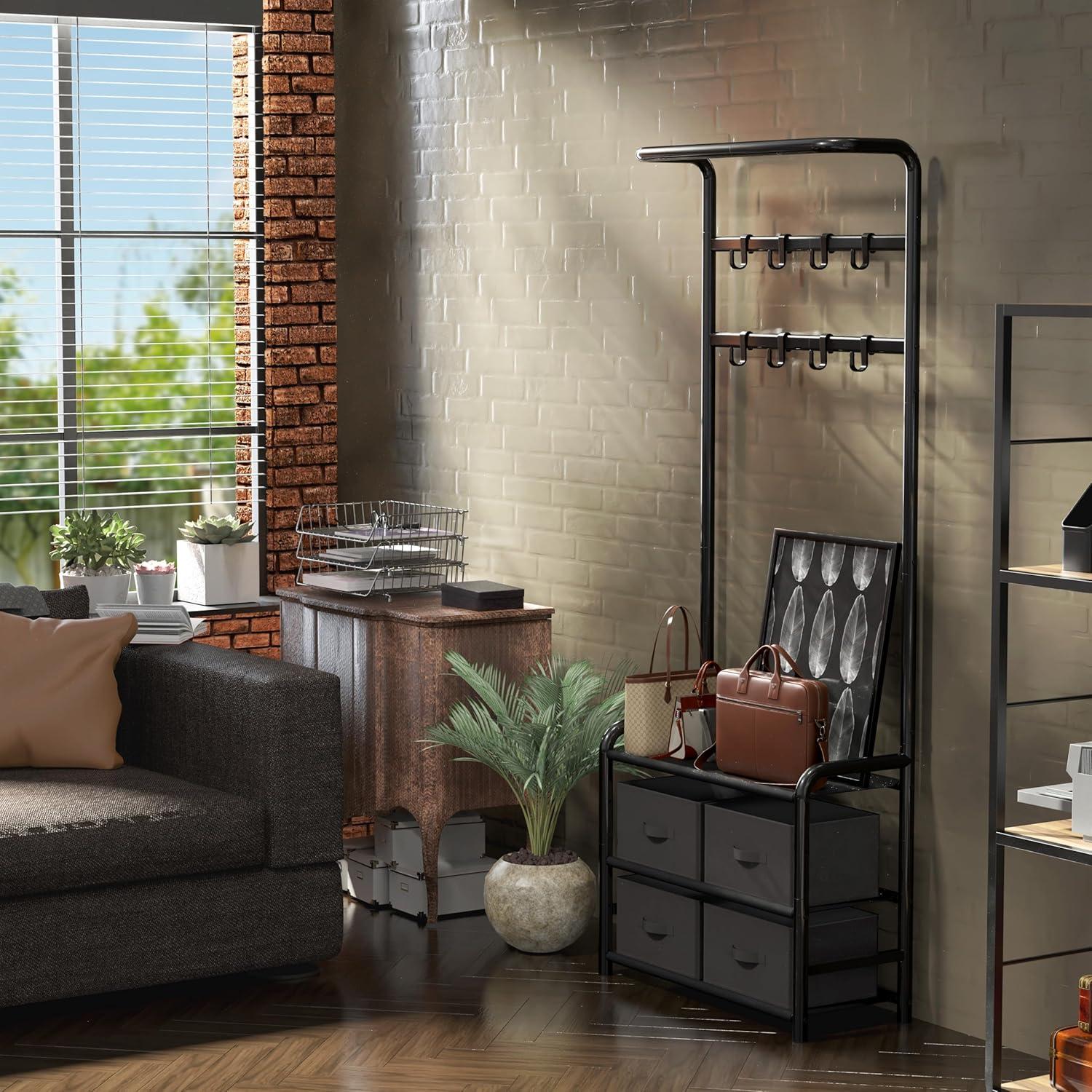 Simple Houseware Coat Rack with Storage Shelf and Shoe Rack for Entryway, Black