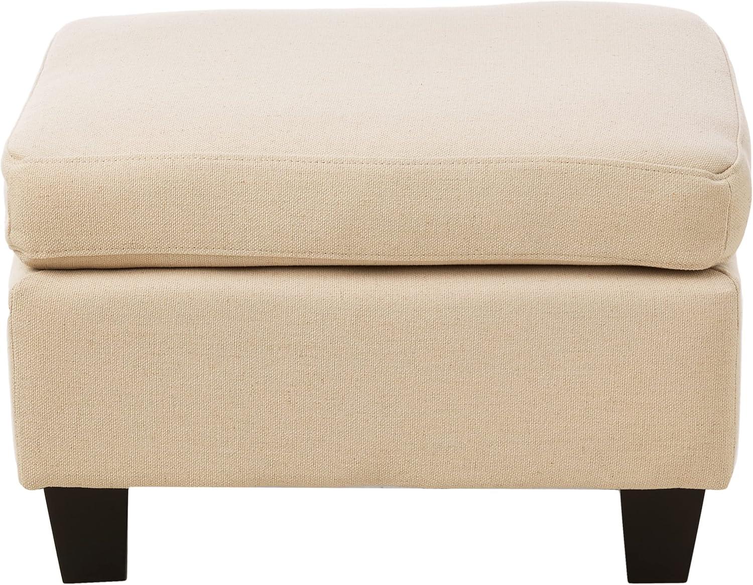 Beige Linen Upholstered Ottoman with Birch Legs