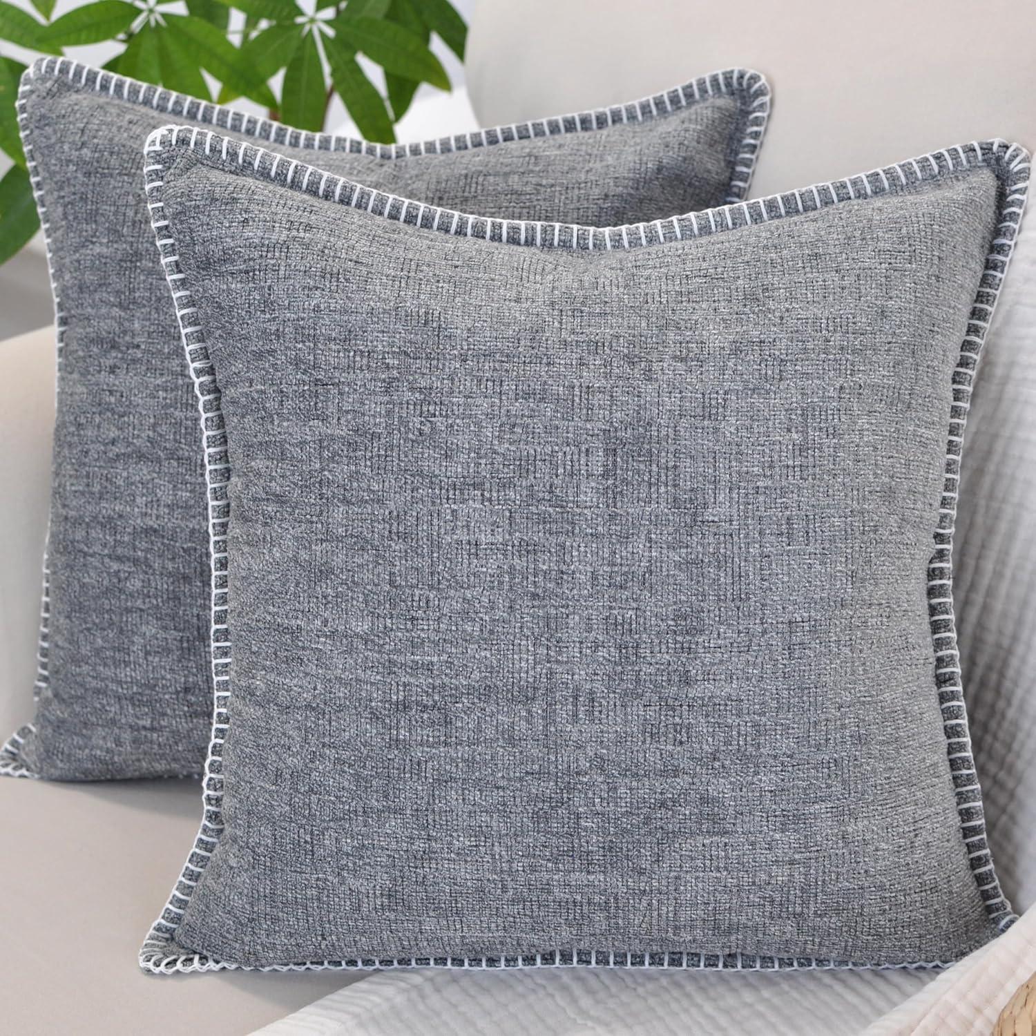 Soft Chenille Throw Pillow Covers With Stitched Edge (Set of 2)