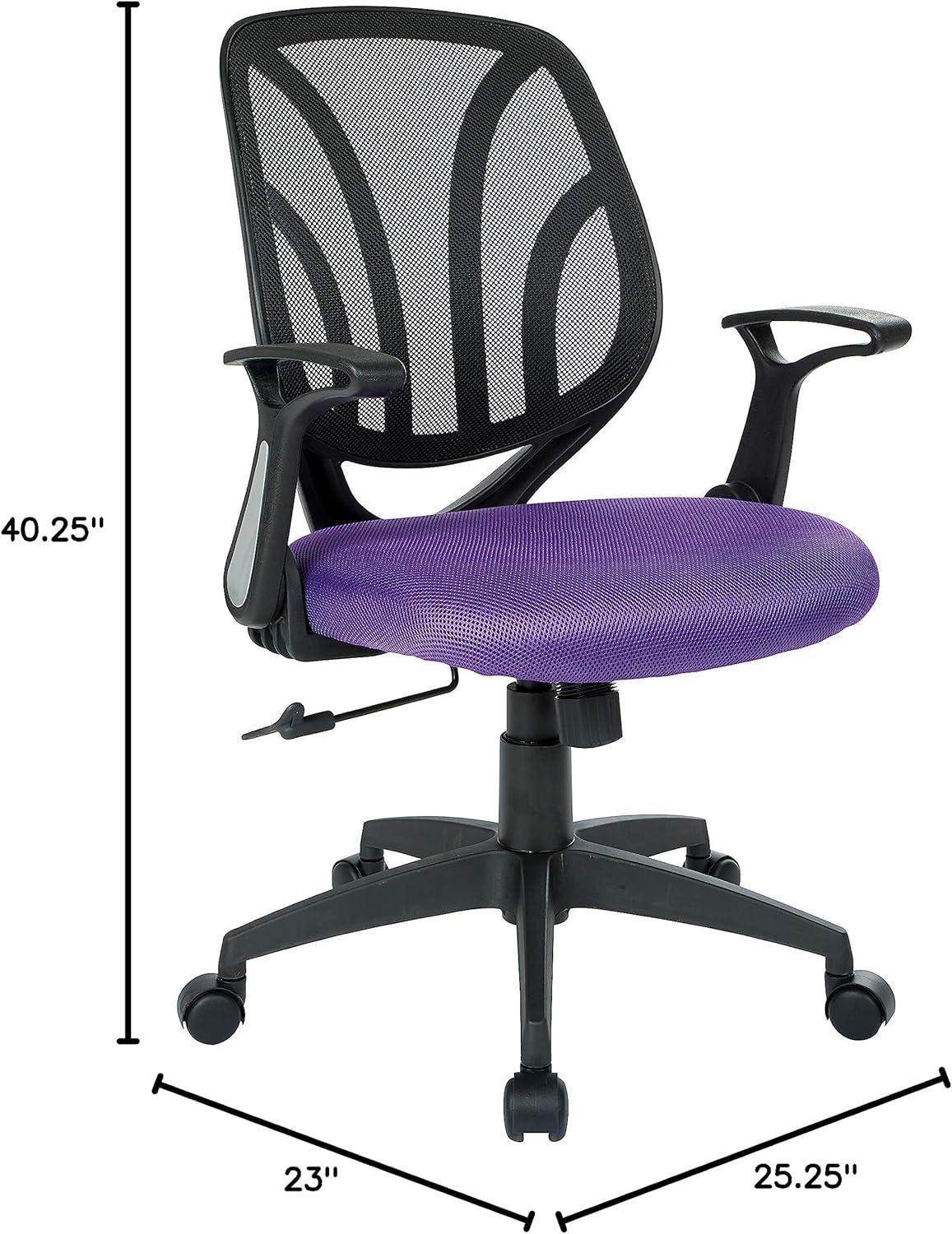 Office Star Products Screen Back Chair with Purple Mesh, Flip Arms, and Silver Accents