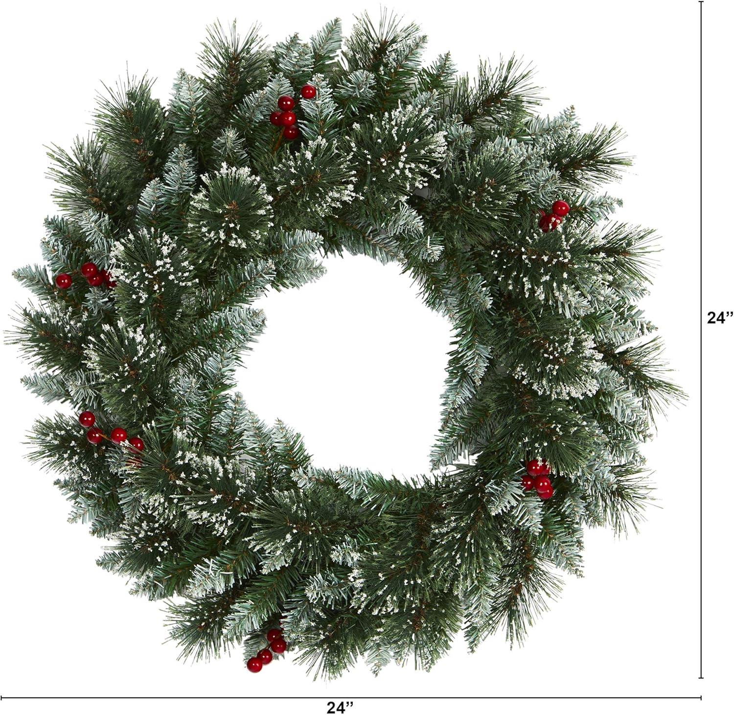 24 in. Pre-Lit Frosted Swiss Pine Artificial Wreath with 35 Clear LED Lights and Berries