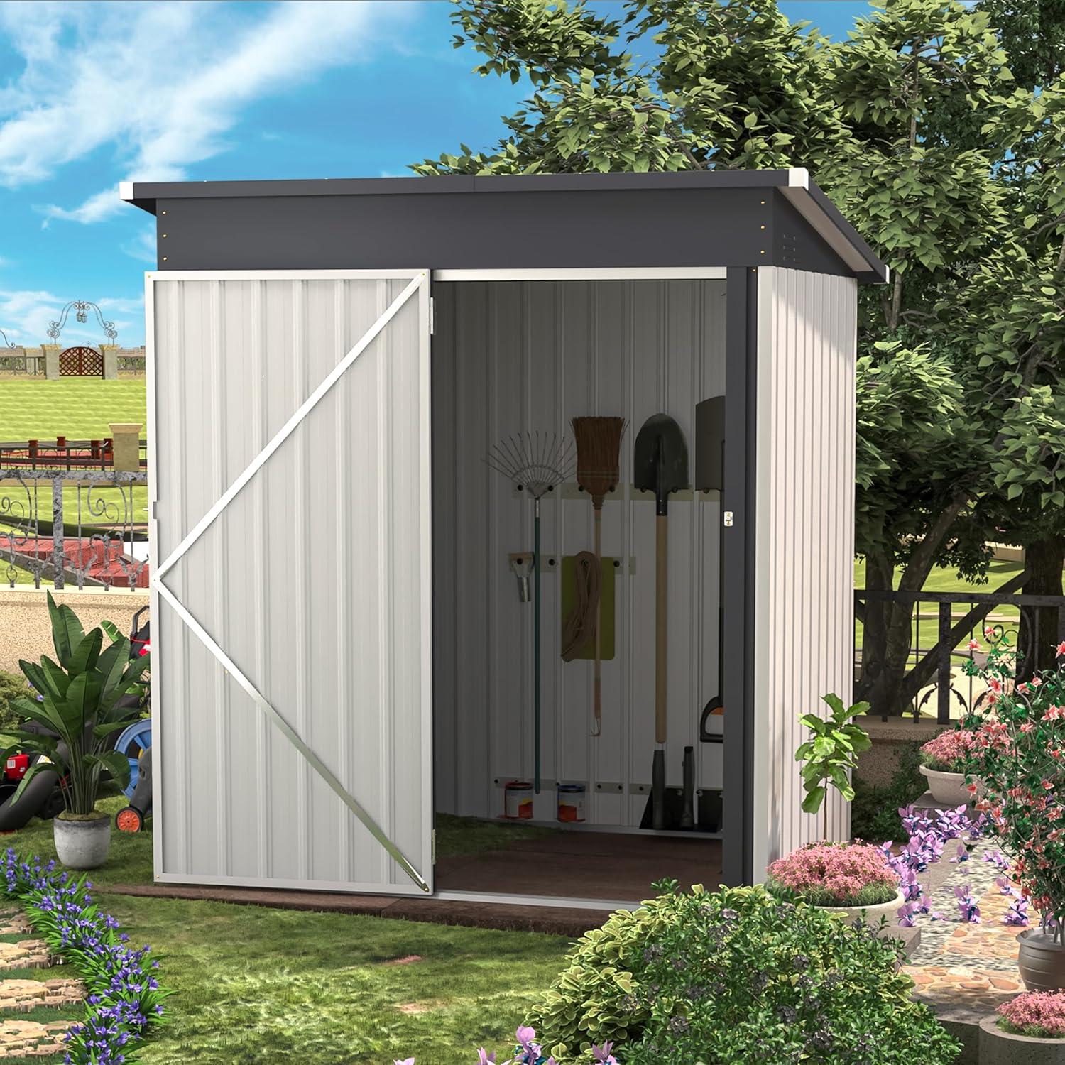 AECOJOY 5' x 3' Outdoor Storage Shed, Small Metal Shed with Lockable Door, Utility and Tool Storage for Garden, Backyard, Patio, Outside use in White