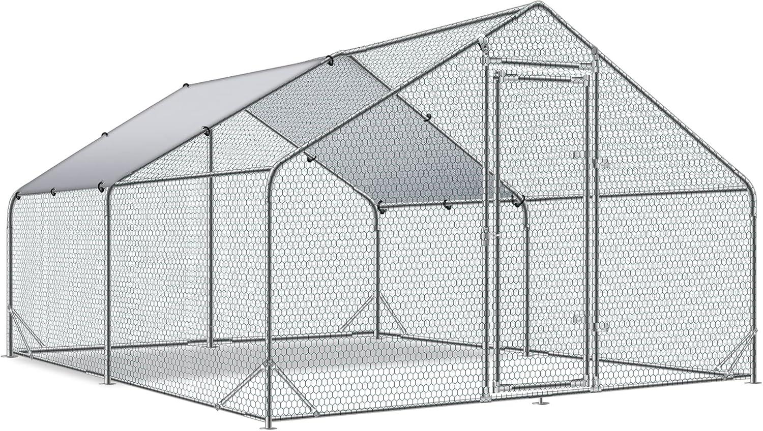 Tolead Large Metal Chicken Coop and Run with Tri-Supporting Wire Mesh, Silver Fits 20 Chickens, Ducks, Rabbits