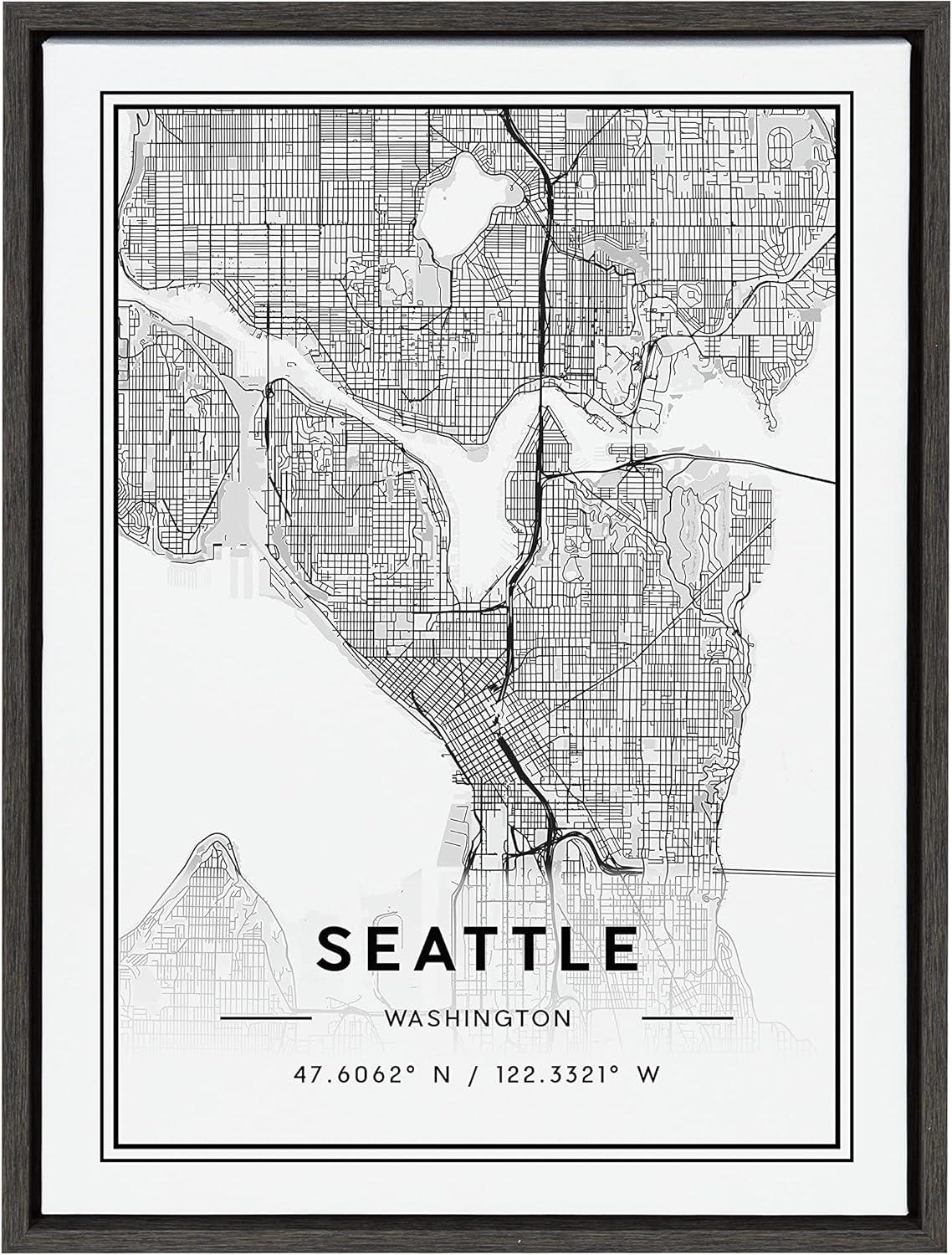 Kate and Laurel Sylvie Seattle Modern Map Framed Canvas by Jake Goossen, 18x24, Dark Gray