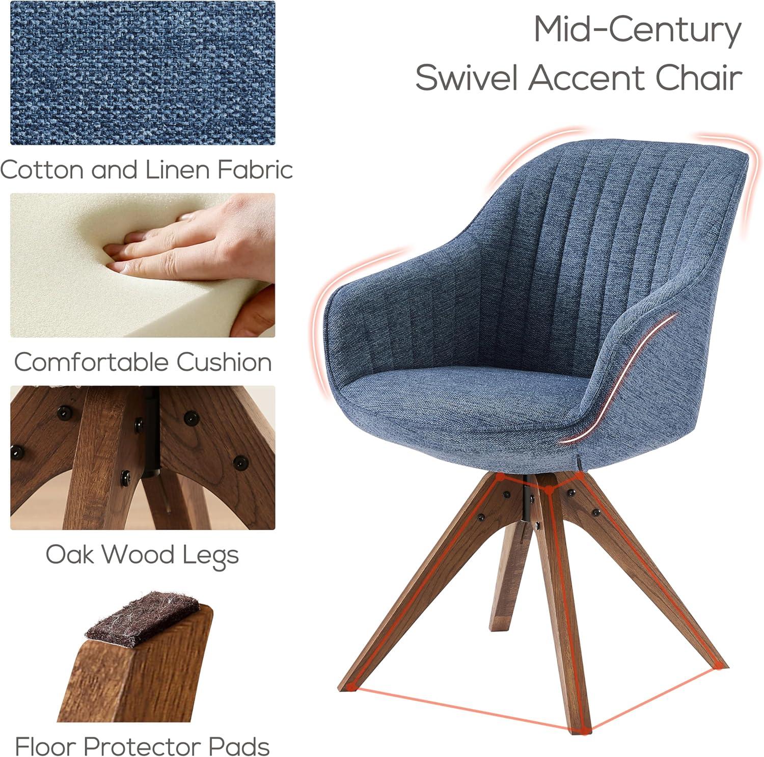 Art Leon Desk Chair - Mid Century Modern Office Chair No Wheels, Swivel Accent Chair with Oak Wood Legs, Fabric Upholstered Arm Chair, Blue