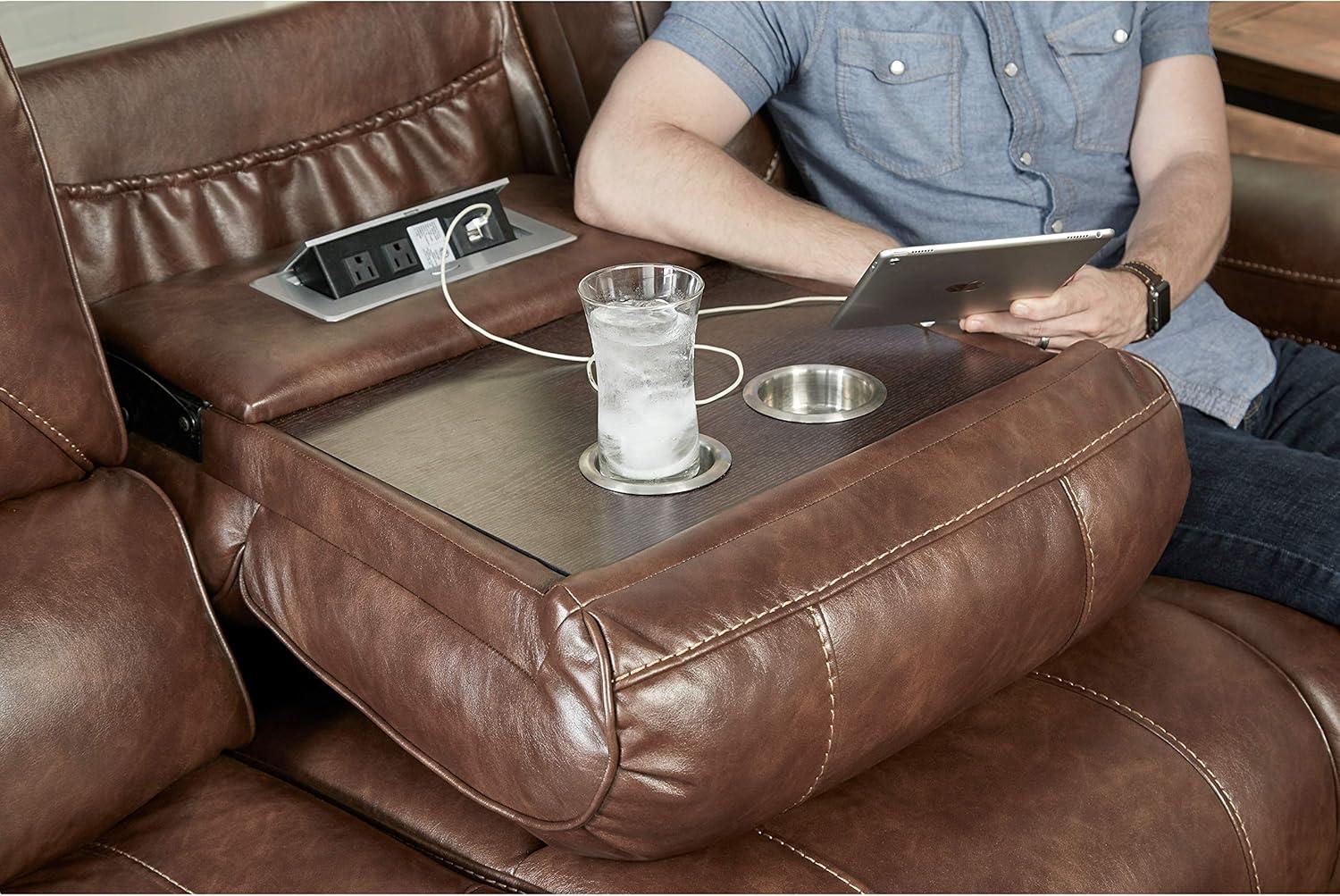 Brown Leather-Air Nailhead Manual Reclining Sofa and Loveseat with Storage Console and USB Port