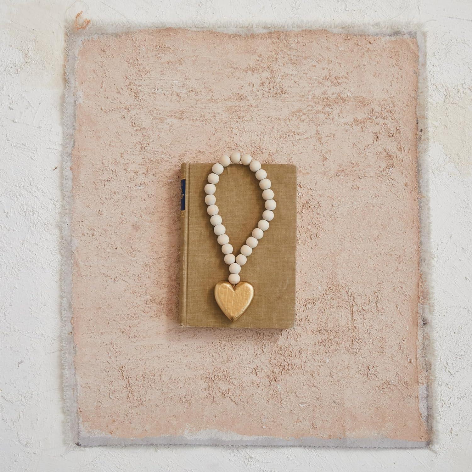 Natural Wood Bead Garland with Gold Heart Accent