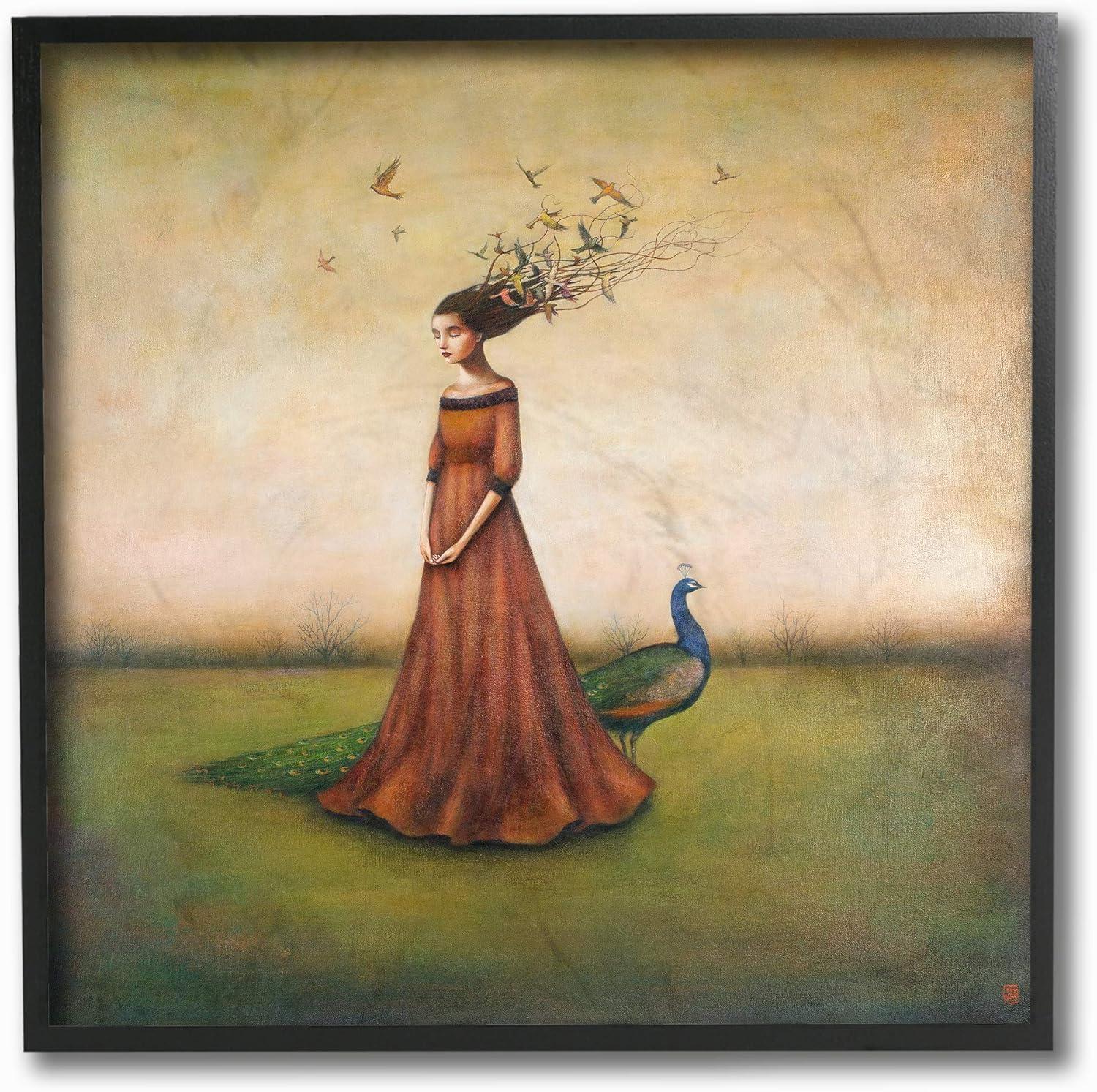 The Stupell Home Decor Beauty and Birds in Her Hair Woman and Peacock Illustration Framed Texturized Art