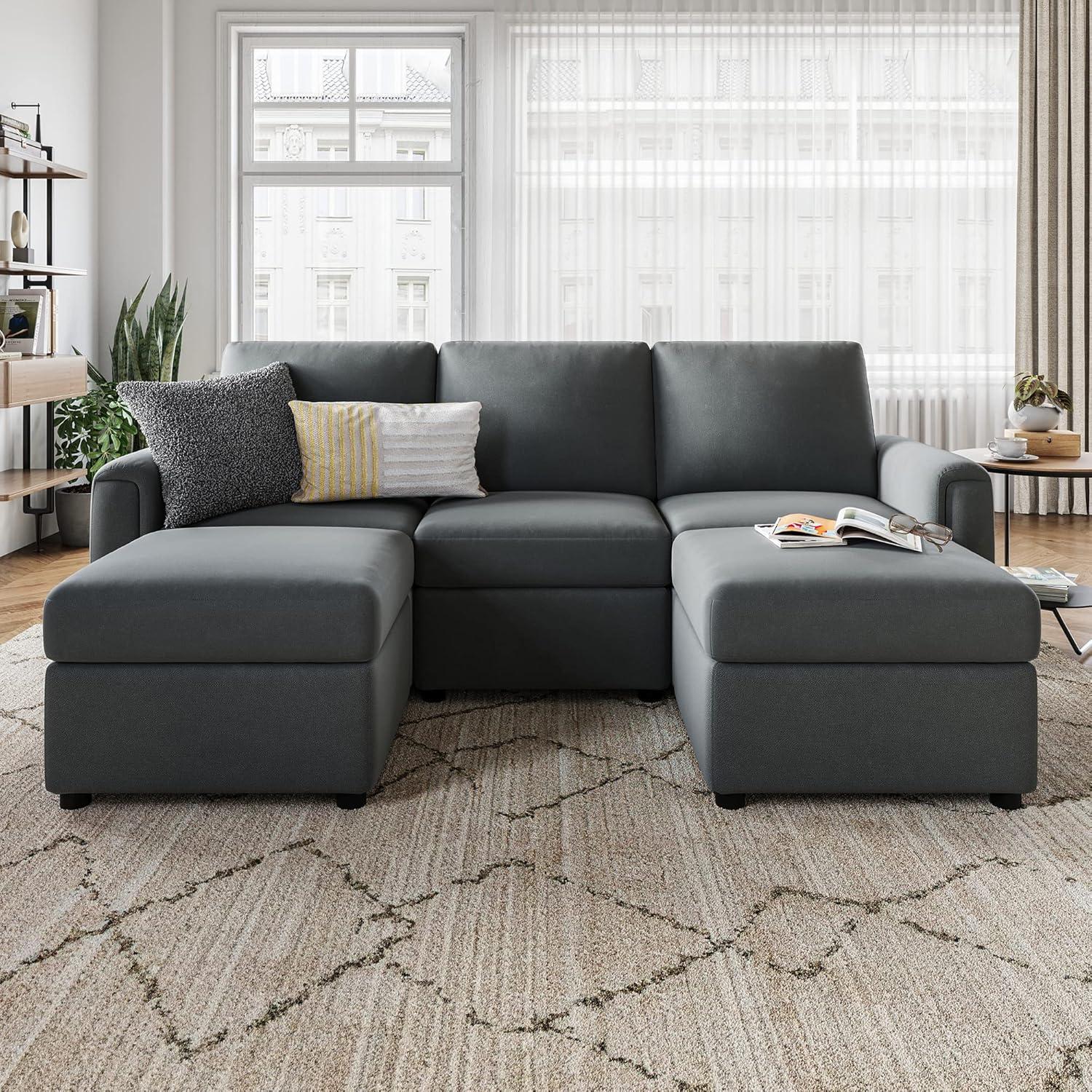 LINSY HOME Modular Couches and Sofas Sectional with Storage, 5 Seat Sectional Sofa for Living Room, U Shaped Sectional Couch with Reversible Chaises, Dark Gray