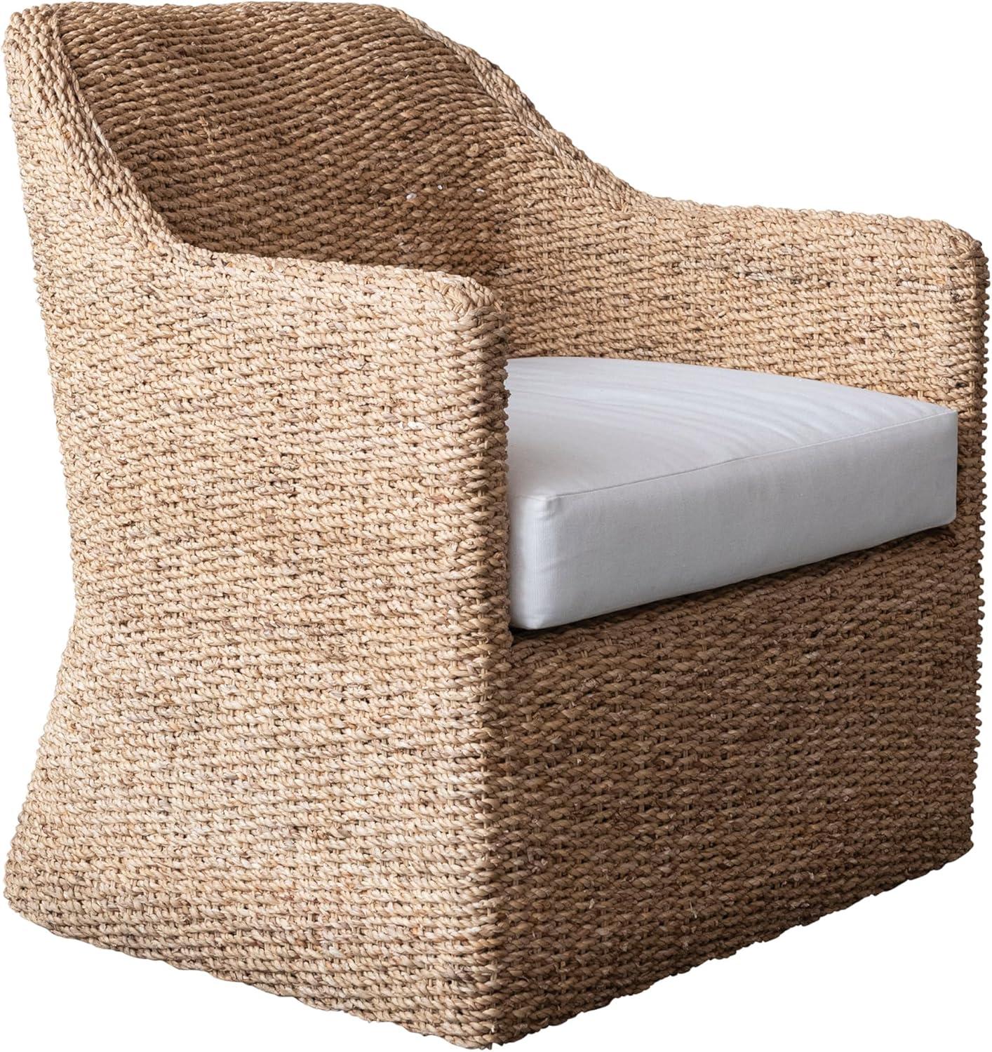 Natural and Cream Woven Water Hyacinth and Acacia Wood Outdoor Lounge Chair with White Cushion