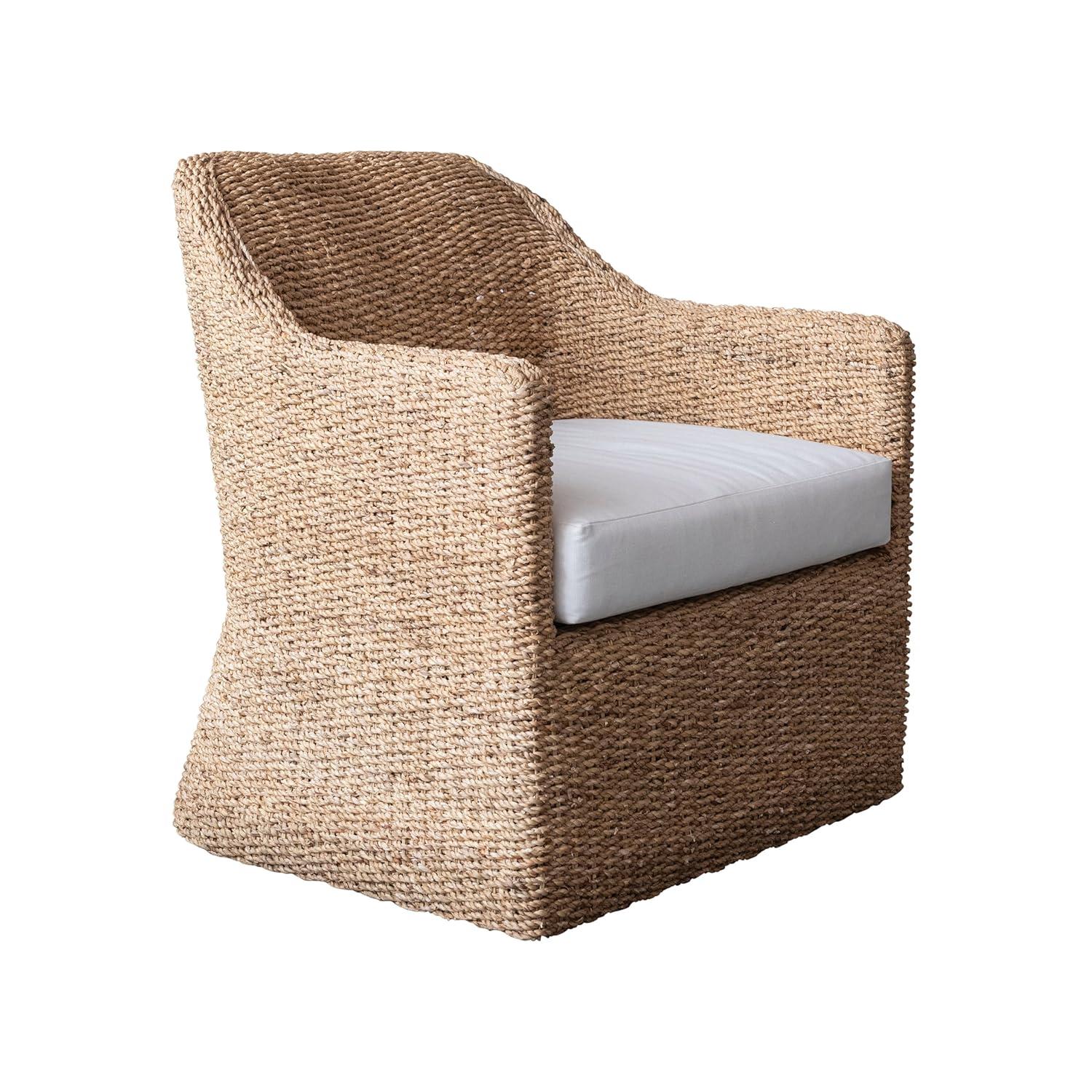 Natural and Cream Woven Water Hyacinth and Acacia Wood Outdoor Lounge Chair with White Cushion