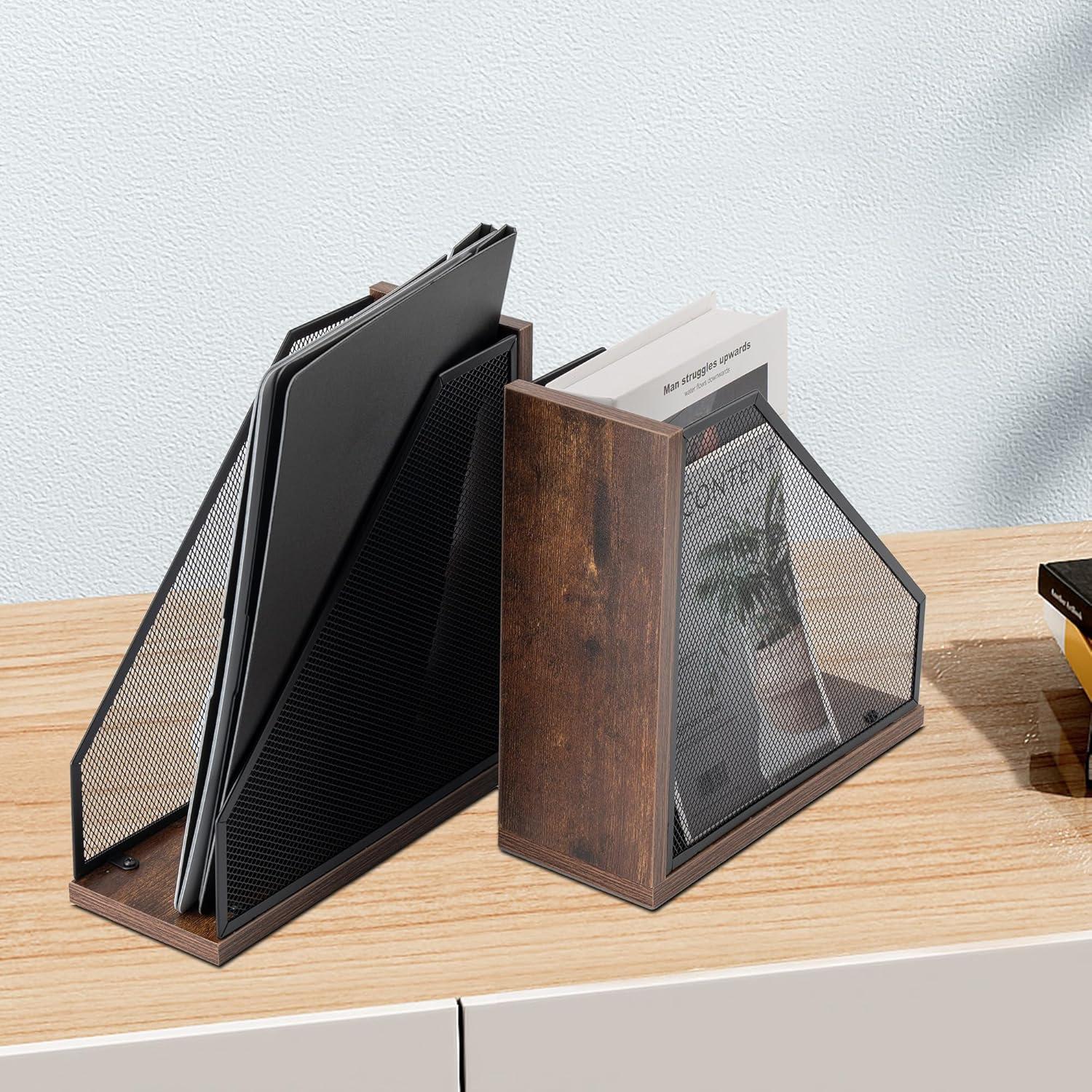 2 Set Magazine Holder Metal Wire, 2 Compartments Mesh File Holder for Desk, Office Desk Accessories Decorative File Box, Black