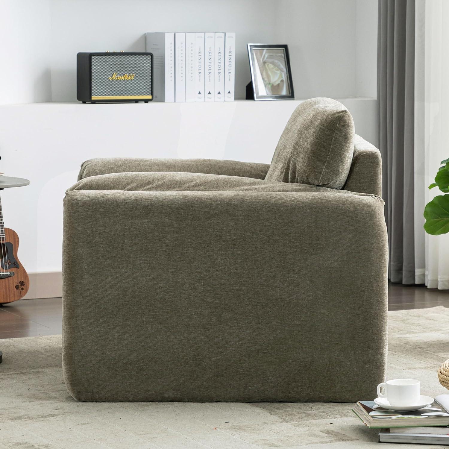 Oversized Red Chenille Barrel Accent Chair with Wood Frame