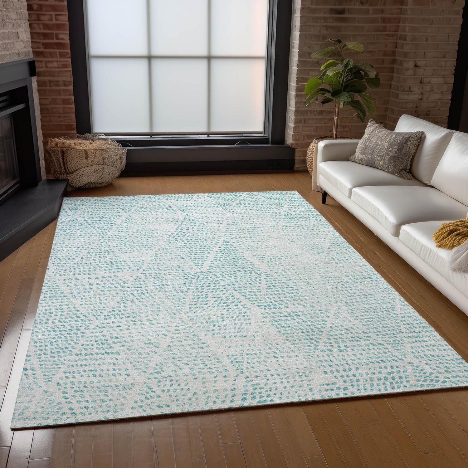 Aqua Diamond Pattern Washable Synthetic Area Rug