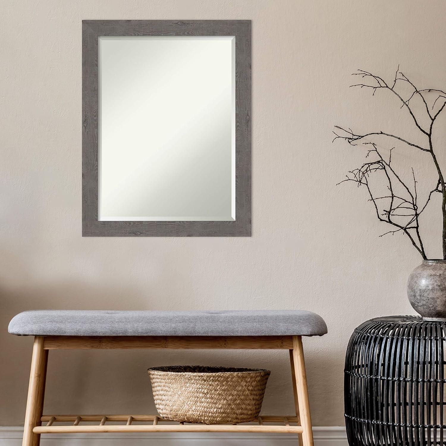 Amanti Art Beveled Bathroom Wall Mirror - Rustic Plank Grey Narrow Frame Outer Size: 21 x 27 in