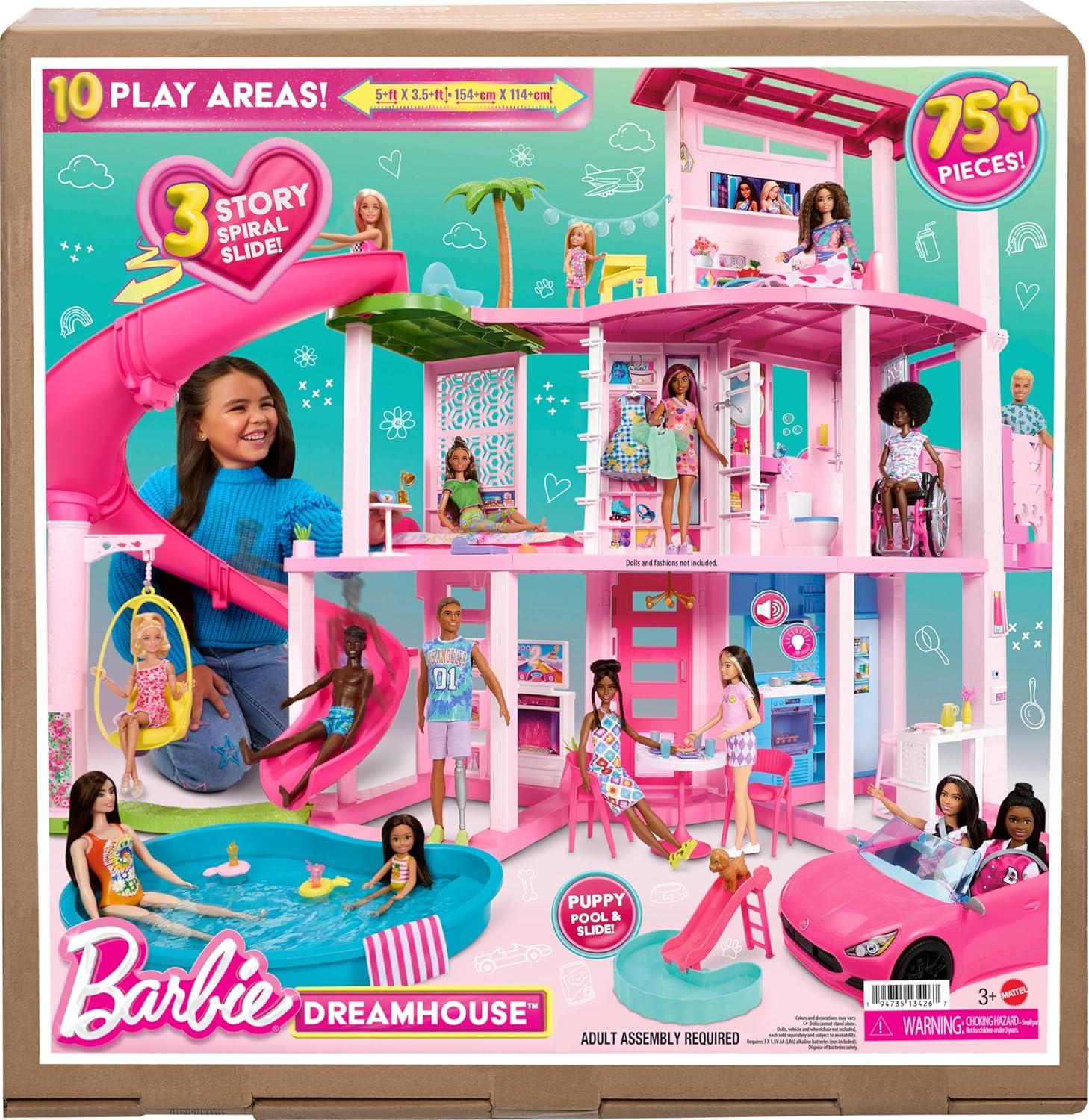 Barbie Dreamhouse Pool Party Doll House with 75+ pc, 3 Story Slide: Adult Assembly, Fits 12 Inch Dolls