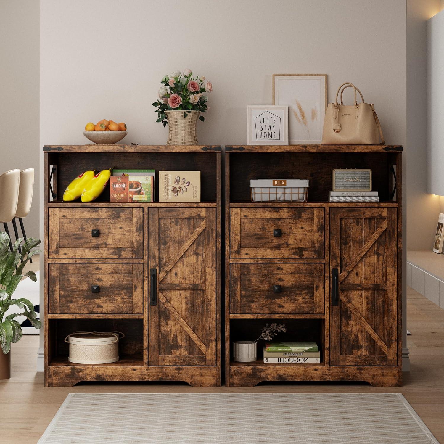 Rustic Brown Wood Living Room Storage Cabinet with Adjustable Shelving