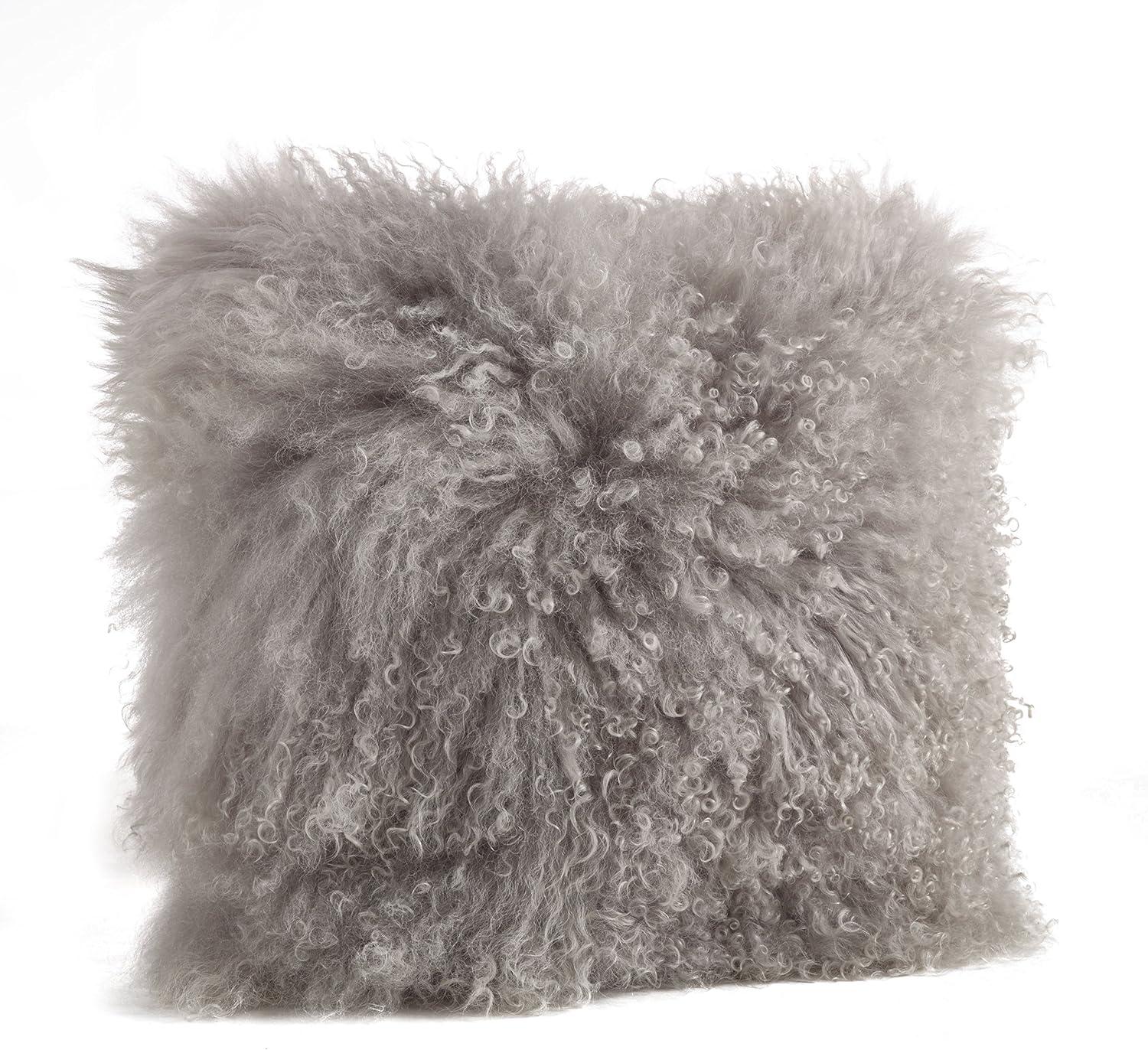 Fog Gray 20" Wool Mongolian Lamb Fur Throw Pillow