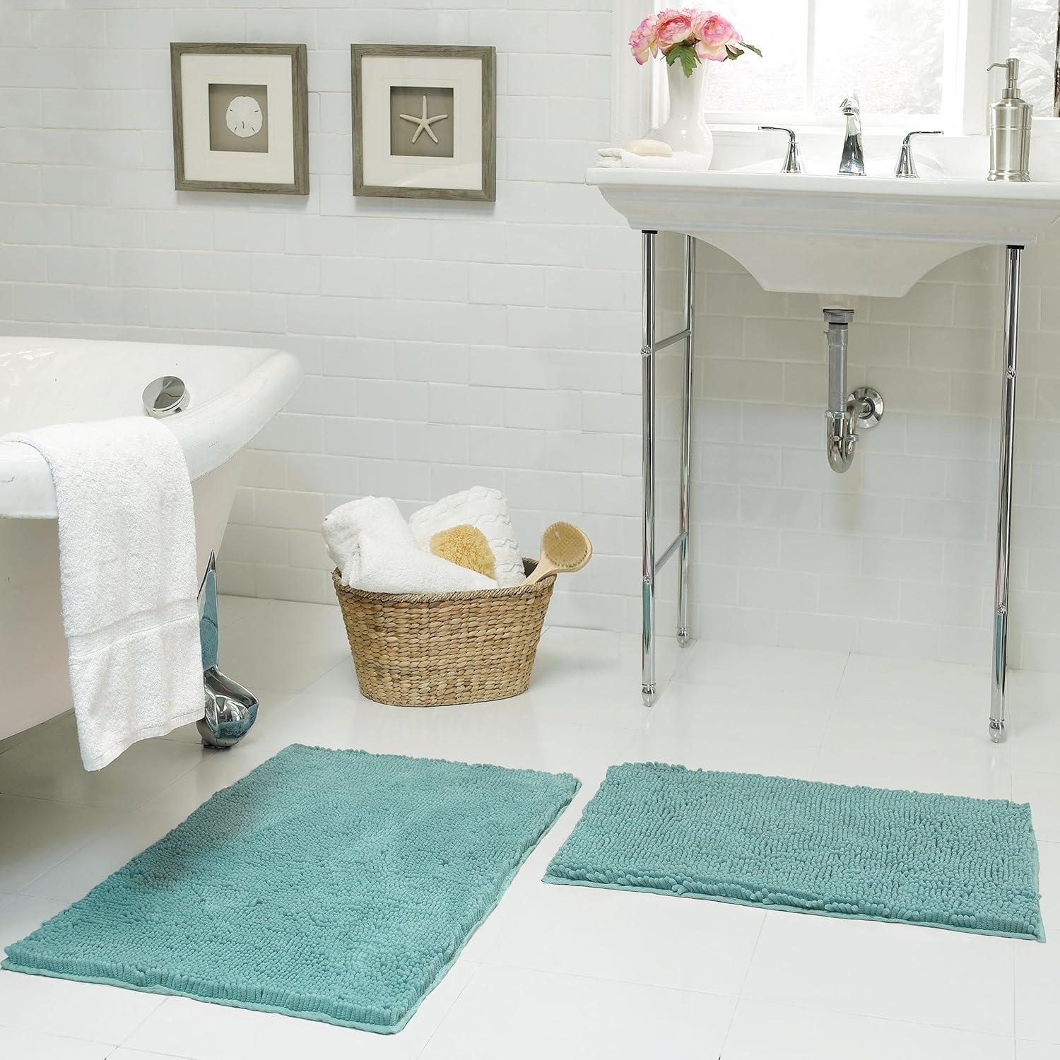 Aqua Chenille Plush Shag 2-Piece Bath Mat Set