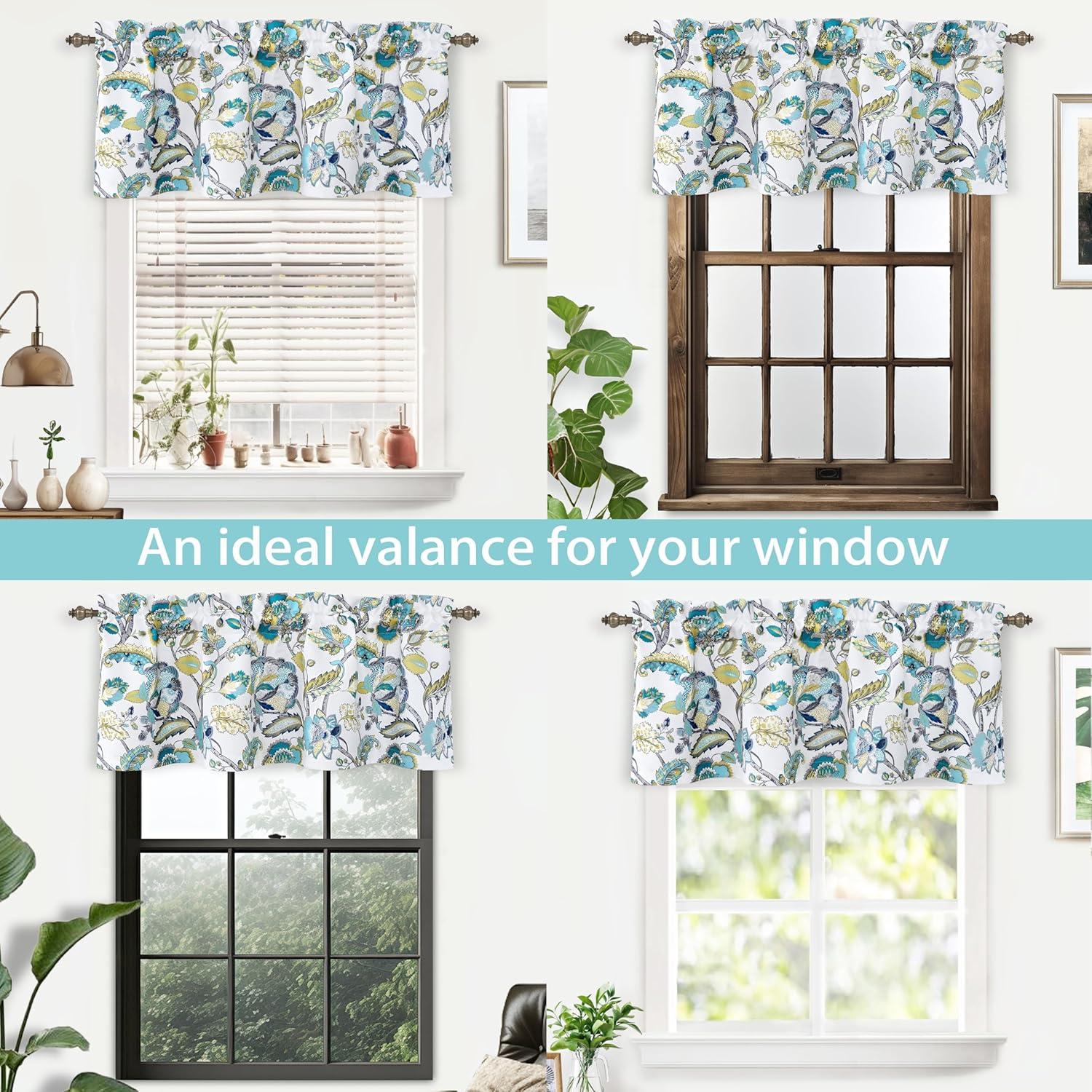 DriftAway Layla Room Darkening Valance for Kitchen Classic America Style Floral Leaves 18 Inch Length Valance for Living Room Bedroom Rod Pocket Window Treatment 52x18 White Seafoam Gray 2 Pack