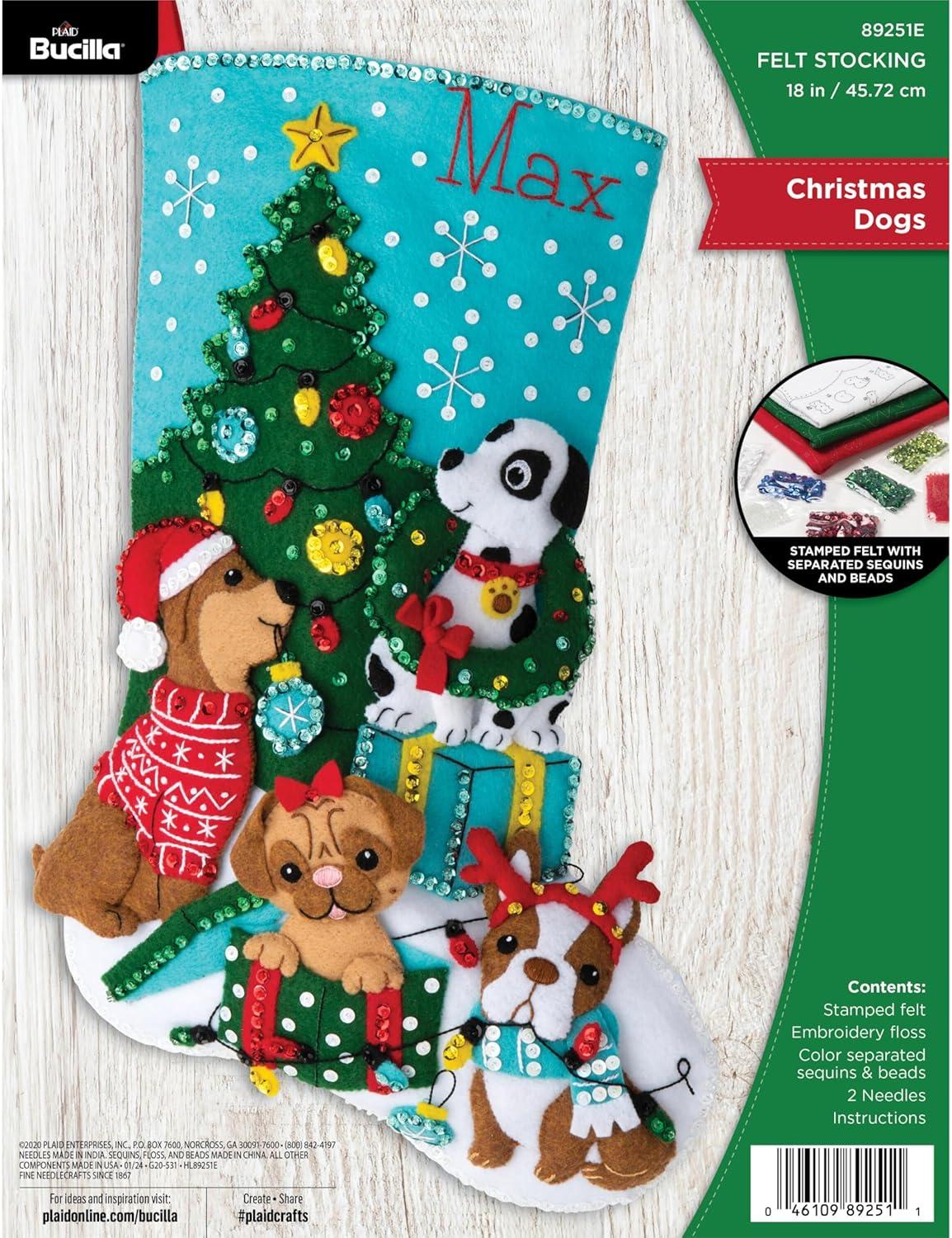 Bucilla Felt Applique DIY Christmas Stocking Kit, Christmas Dogs, 18"