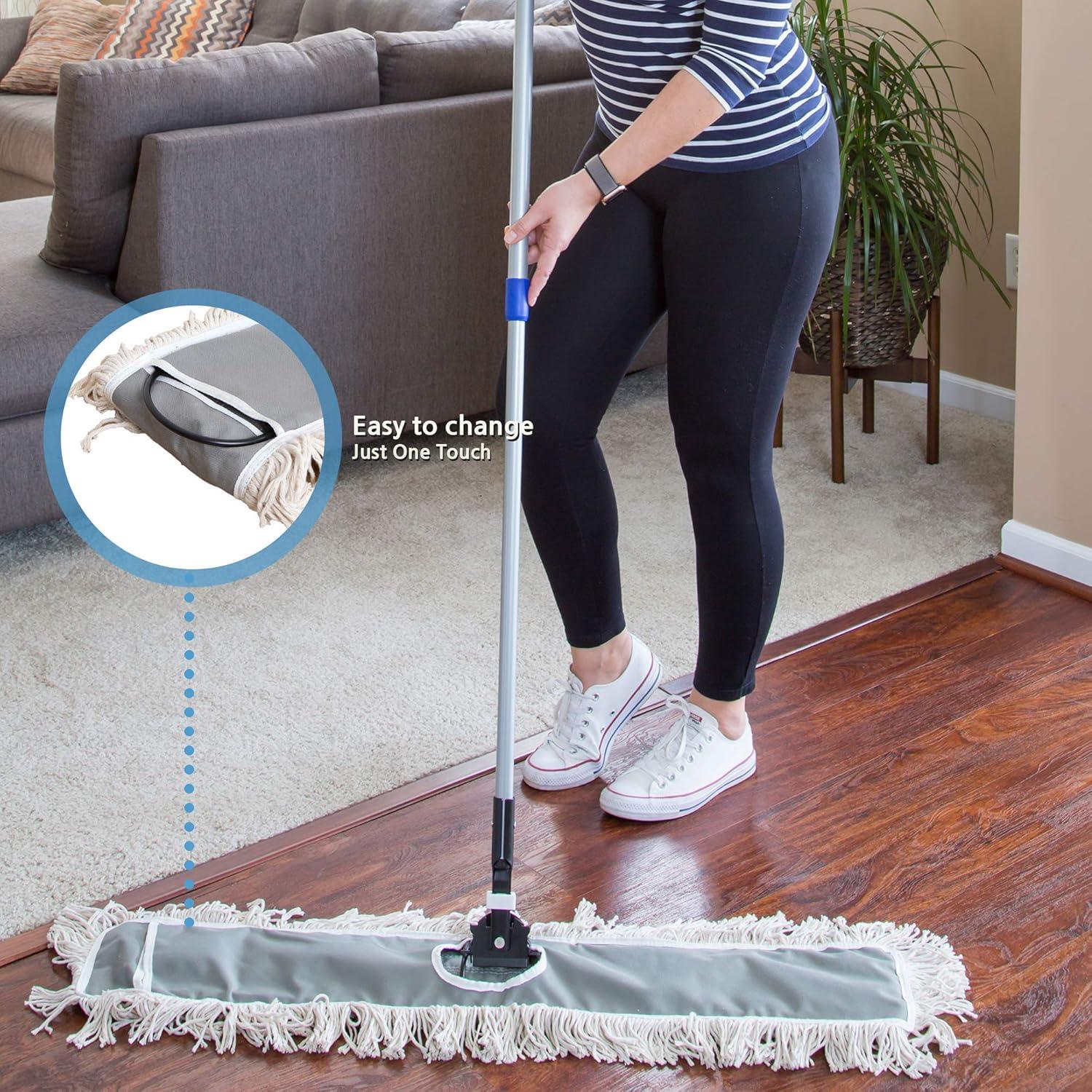 36" Industrial Cotton Floor Dust Mop with Adjustable Steel Handle - Commercial Mops for Hardwood, Tiles, Laminate, Vinyl, Garage epoxy, Bamboo Surface Cleaning and Flooring Push Dust Broom
