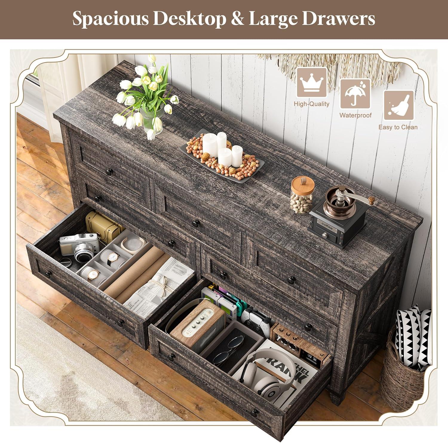 Dark Rustic Oak Farmhouse 7-Drawer Wood Dresser