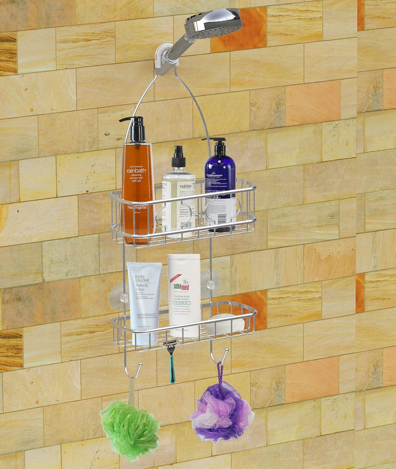 Simple Houseware Shower Caddy Hanging Organizer with 2 Hooks, Chrome