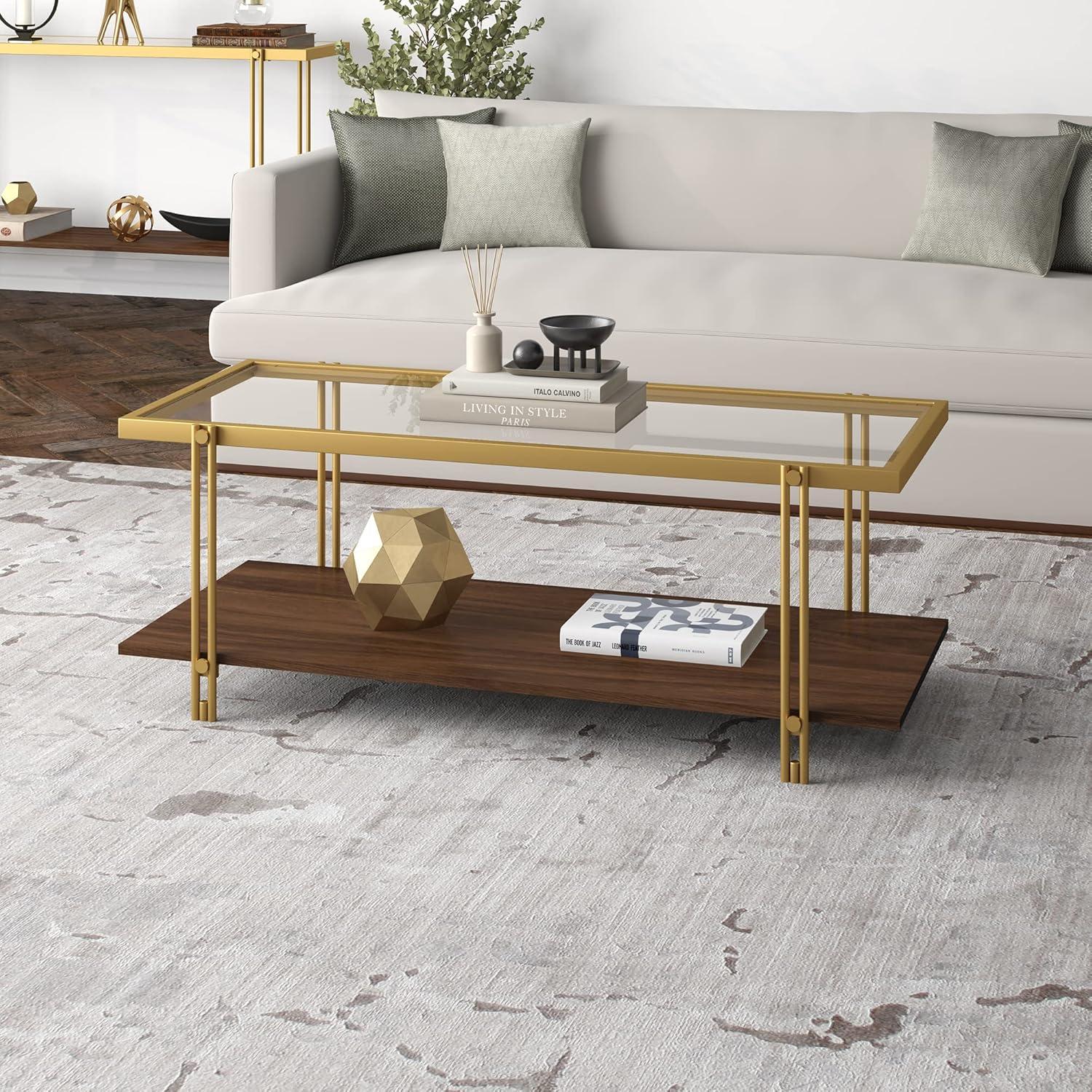 Evelyn&Zoe,ez 45" Wide Rectangular Coffee Table with MDF Shelf, Brass/Walnut
