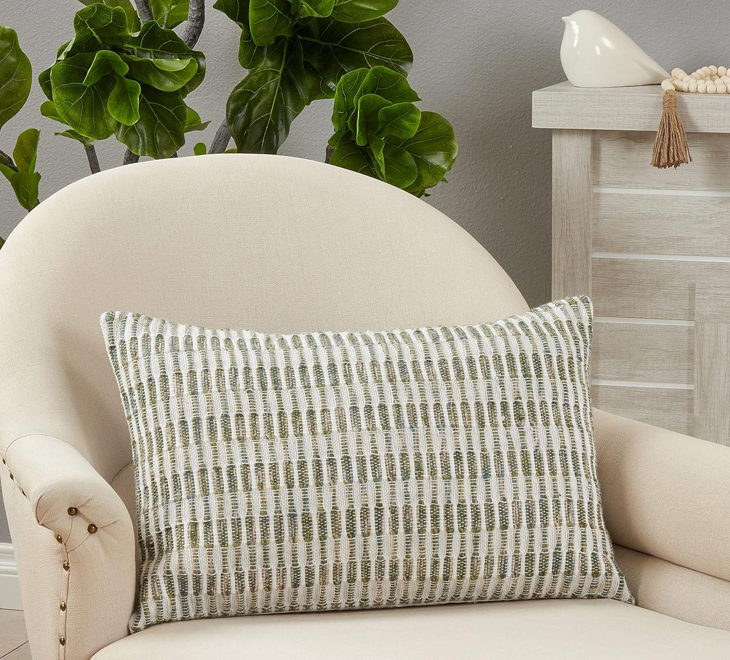 Green and White Cotton Woven Line Pillow Cover