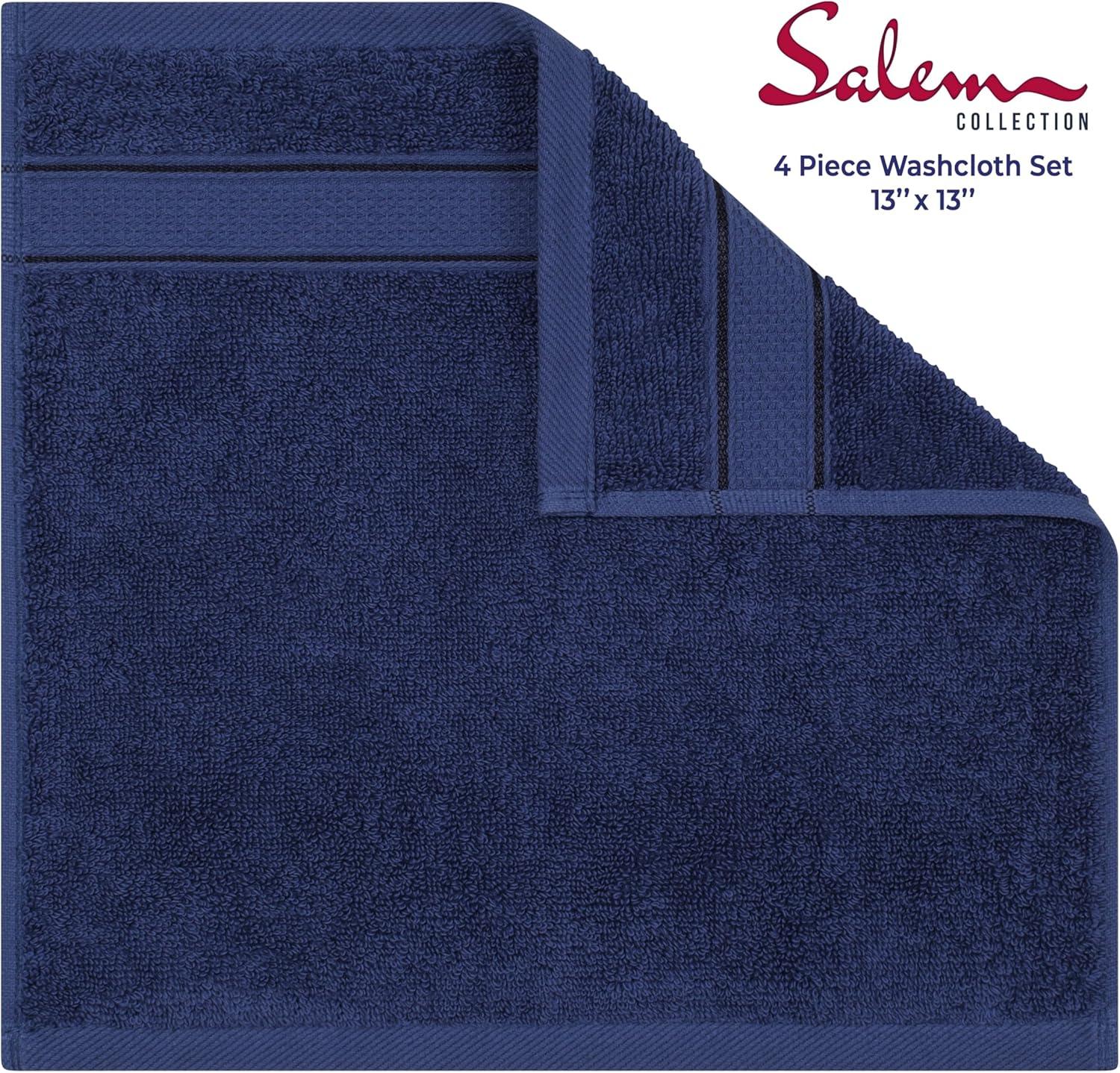 American Soft Linen Salem 4 Pack Washcloth Set, 100% Cotton Washcloth Hand Face Towels for Bathroom and Kitchen, Navy Blue