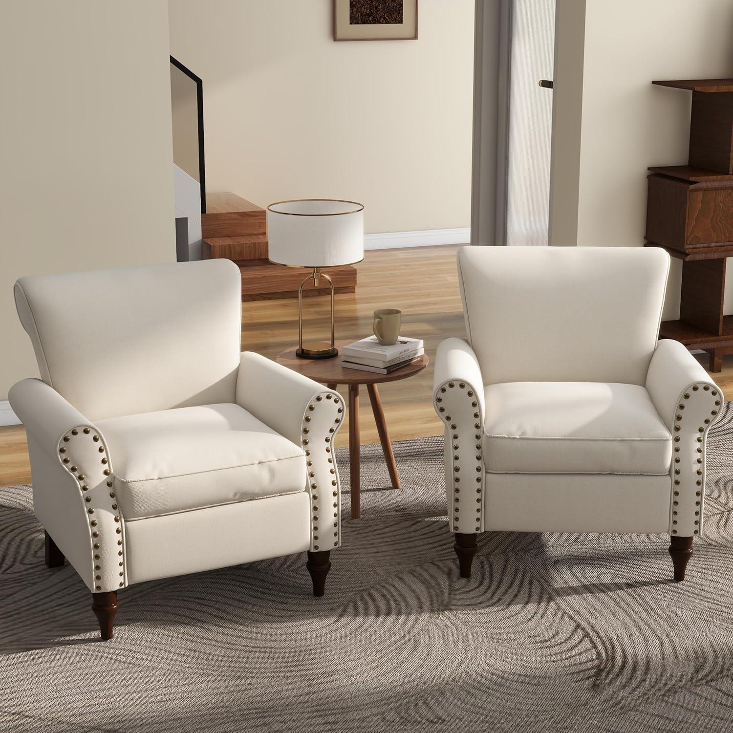 Beige Nailhead Trim Upholstered Armchairs Set of 2