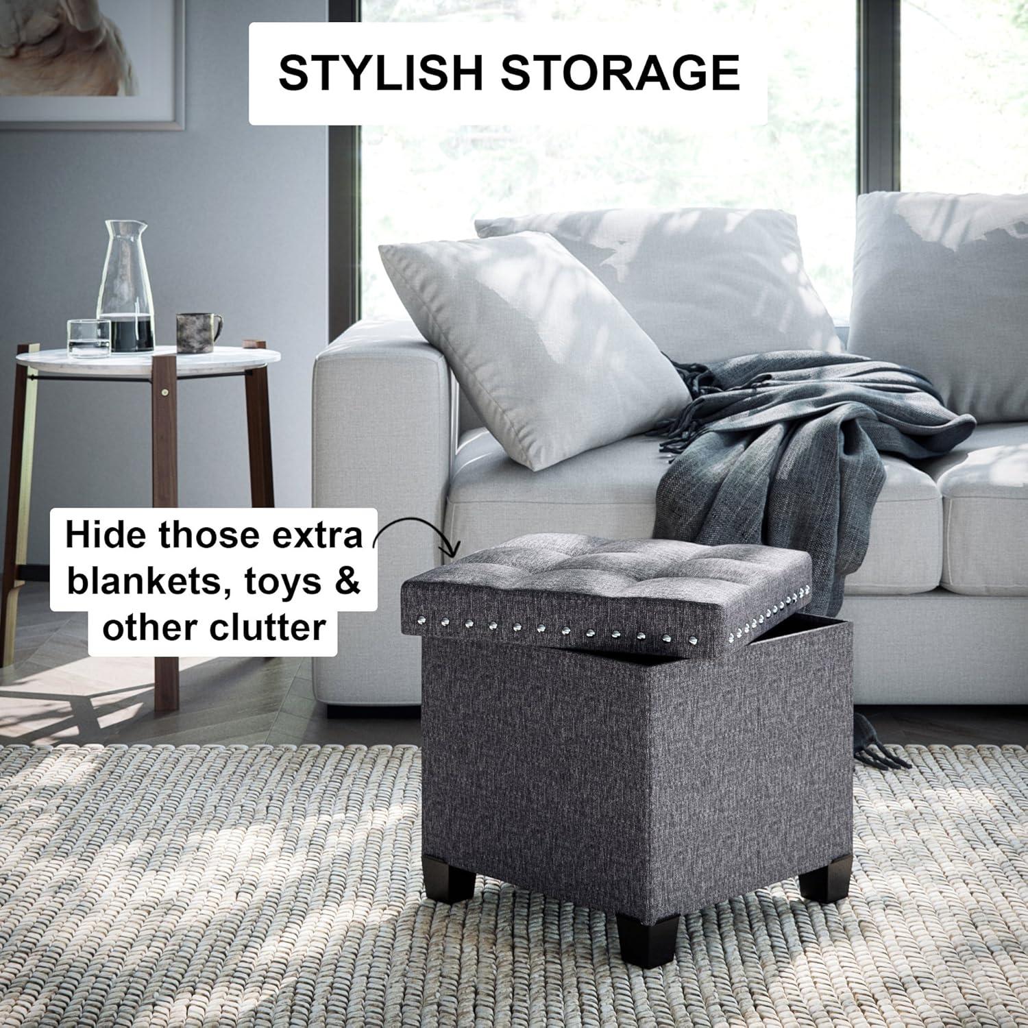 Payton Gray Fabric Tufted Cube Storage Ottoman with Nailhead Accents