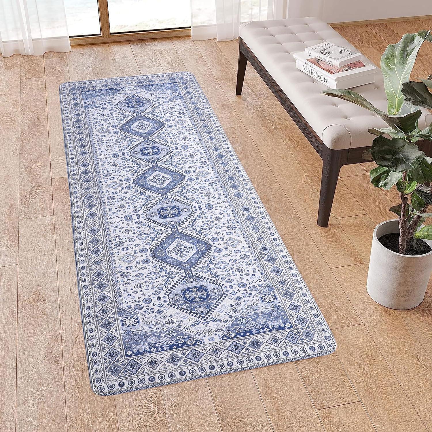 WhizMax 2x6 Vintage Hallway Runner Rug Machine Washable Rug Farmhouse Bedside Persian Distressed Rug Soft Foldable Thin Rug for Laundry, Blue/Grey