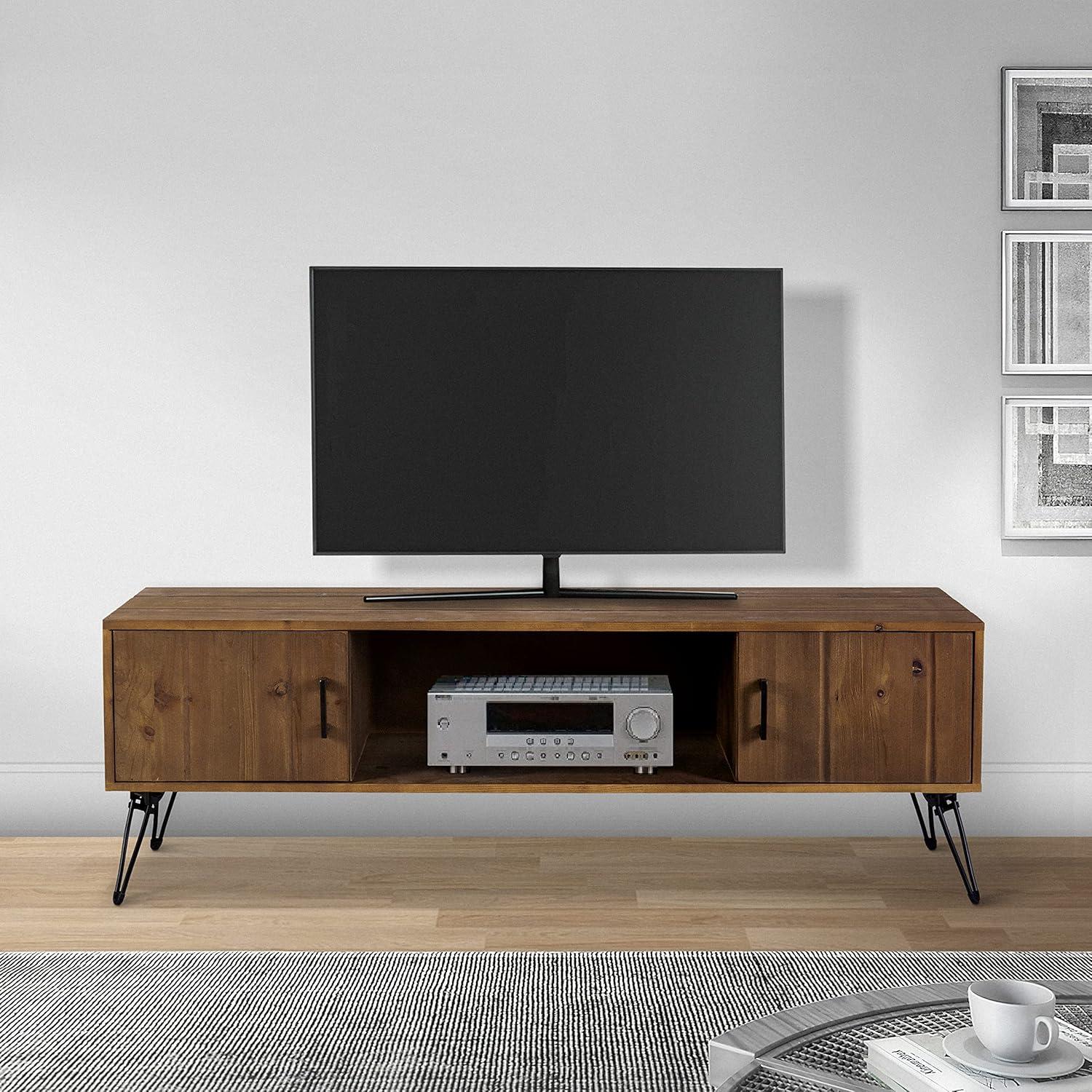 60 Inch Reclaimed Wood Rectangle Farmhouse Tv Stand Media Console, 2 Doors, Iron Legs, Natural Brown