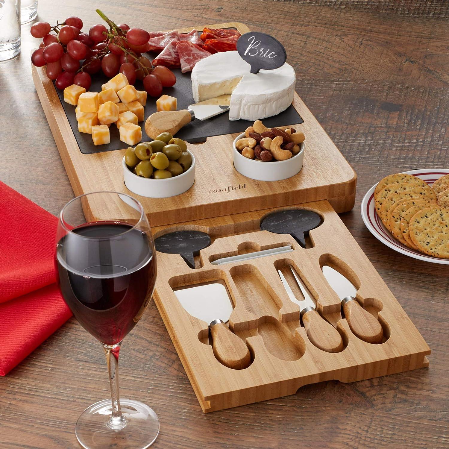 Casafield Bamboo Charcuterie Cheese Board with Slate Cheese Plate, Ceramic Bowls, Stainless Knives, and Cheese Markers