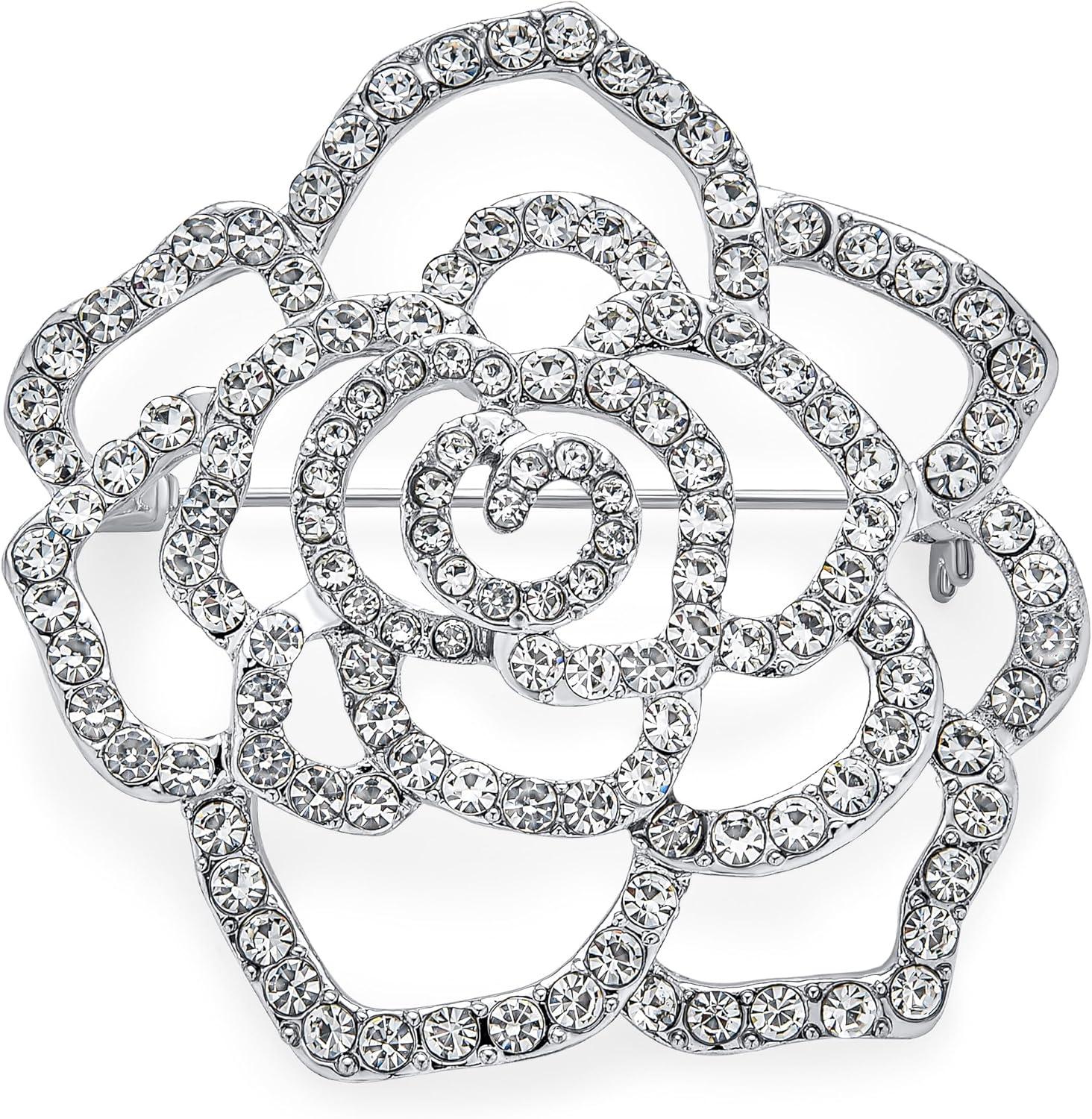 Rhinestone Rose Brooch Pin for Women Girls Fashion Crystal Big Blossom Flower Brooch Lapel Pins Elegant Dress Accessories Jewelry Boutonniere Corsage for Hat Bag Suit Tie Gift Wedding Holiday