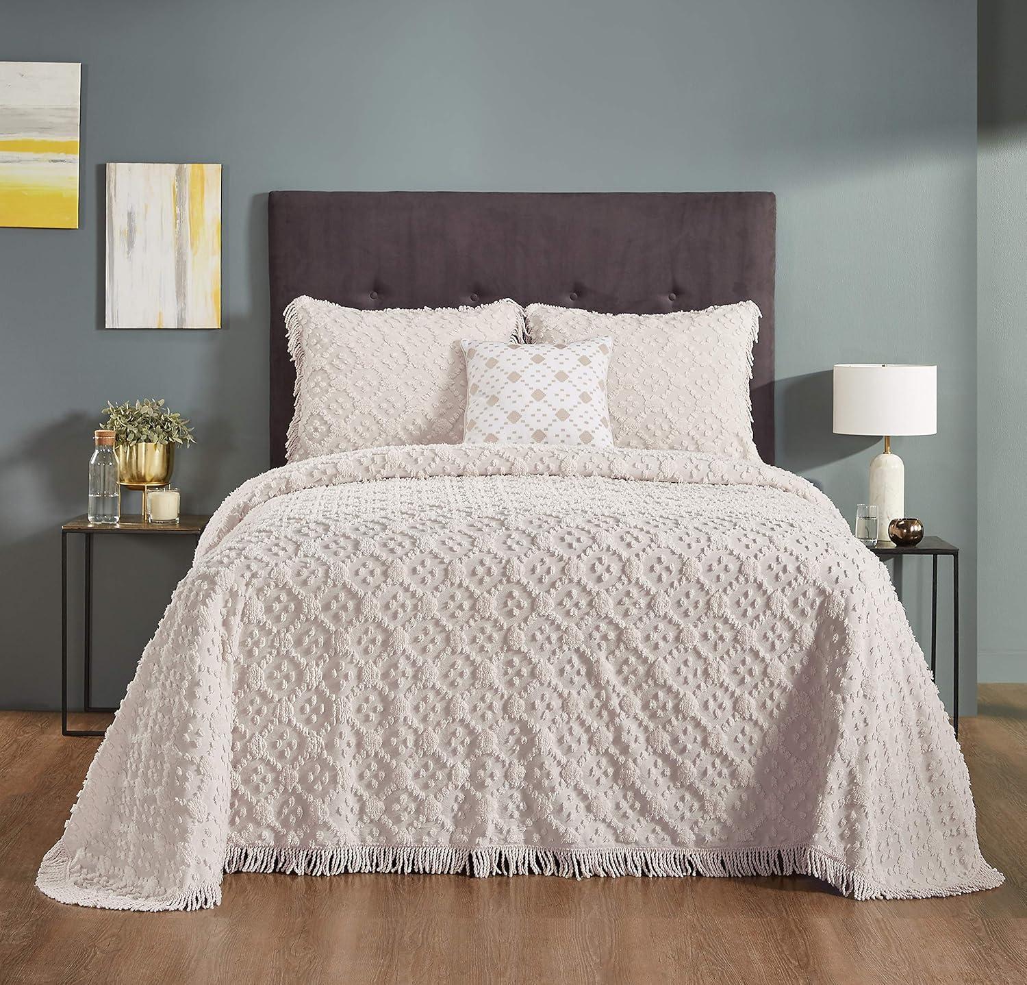 Better Trends Charleston Collection 100% Cotton Bedding sets, Machine Washable Soft and Breathable 4-piece Chenille Bedspread & Sham with Geometric Embroidery, All season