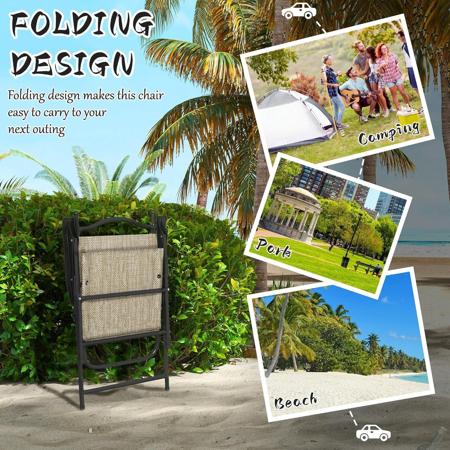 Beige Mesh Fabric Folding Camping Chairs with Armrests, Set of 4