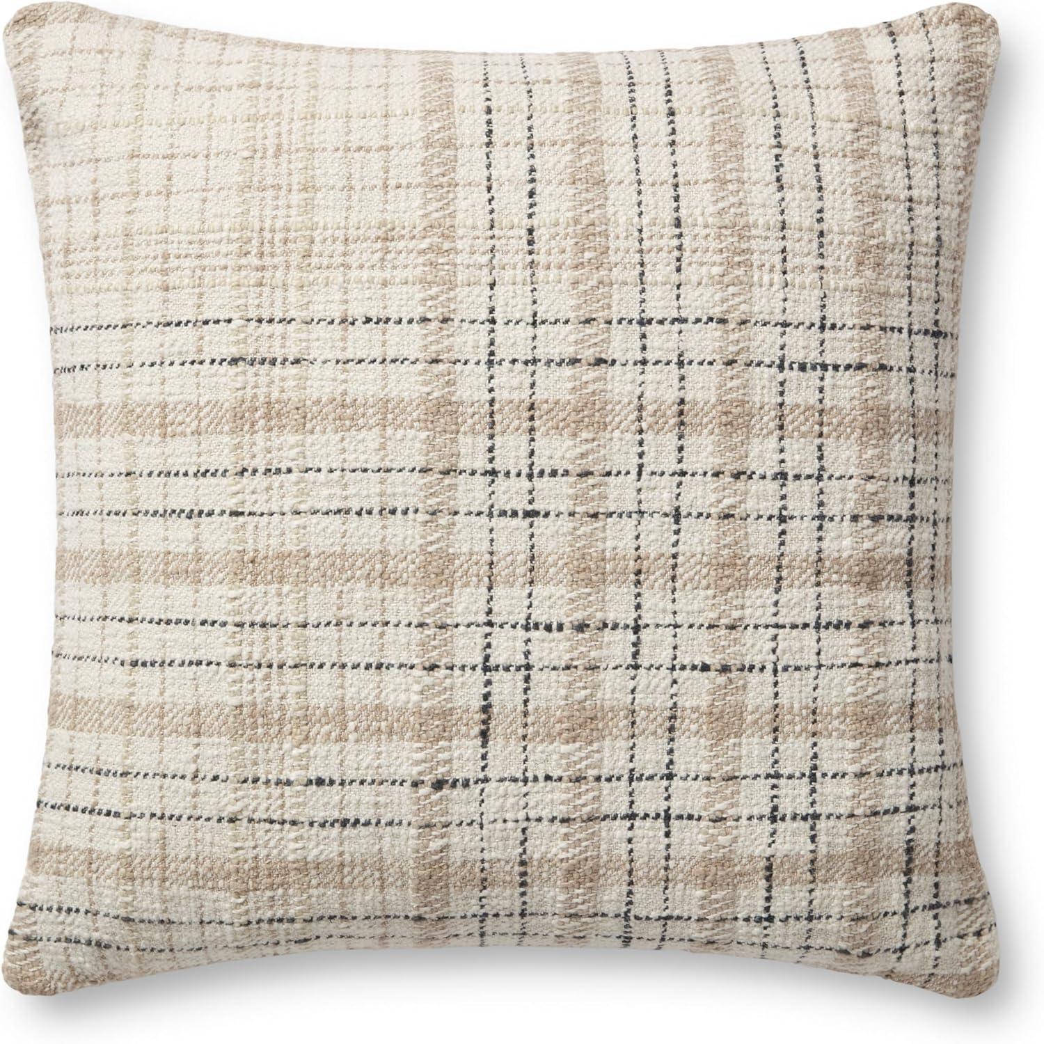 Beige and Black Plaid 22" Cotton Pillow Cover