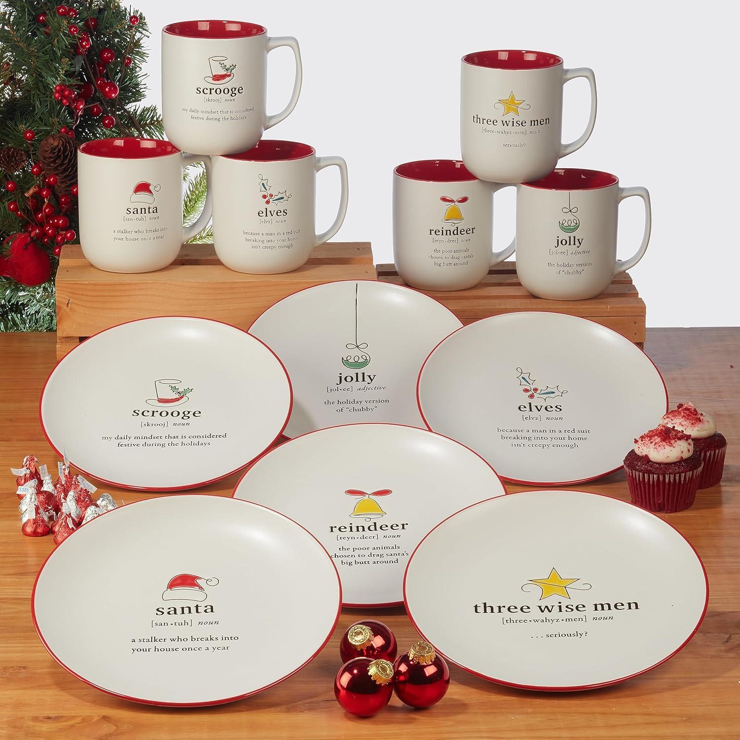 Christmas Fun Red and White Ceramic Holiday Mugs, Set of 6