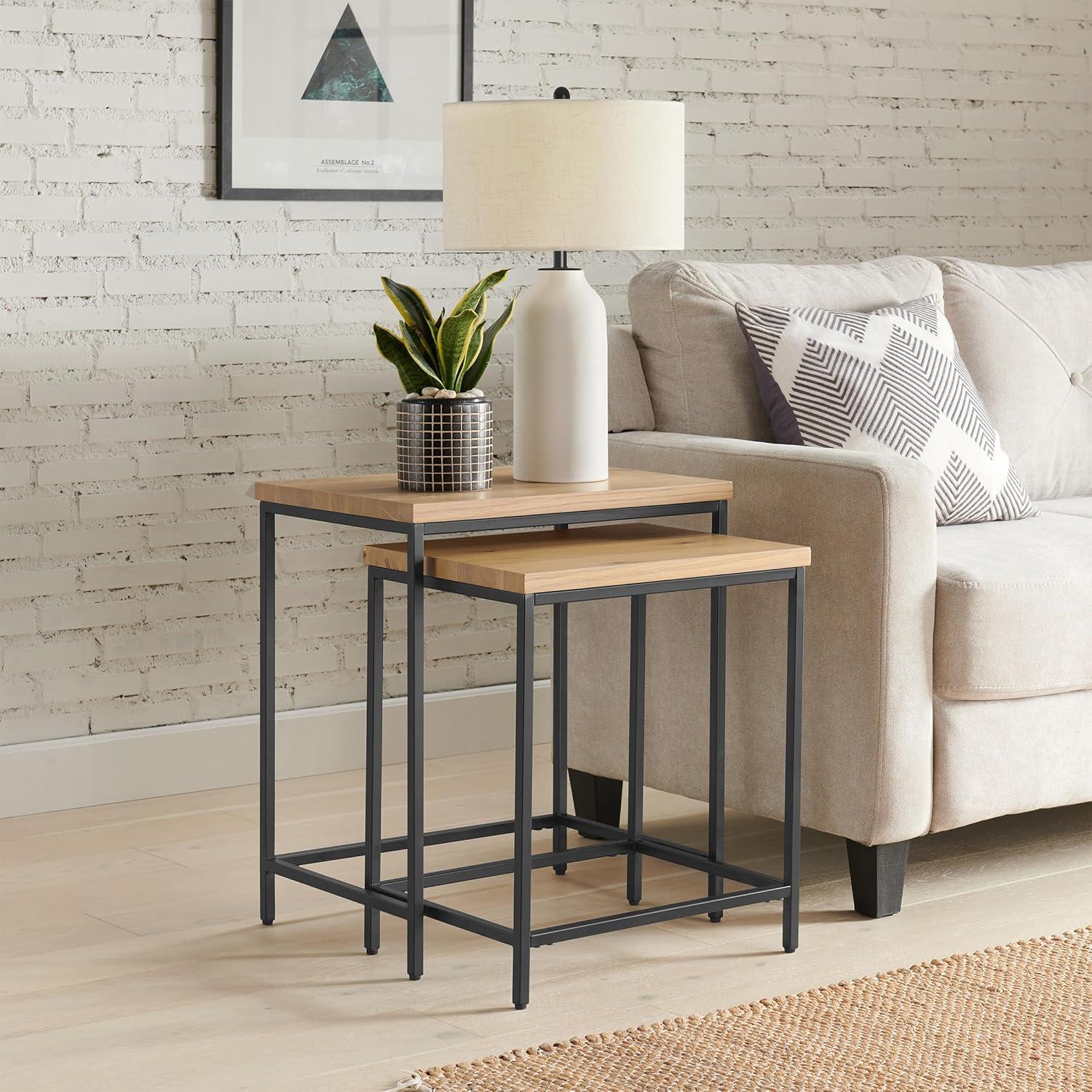 Lavish Home Set of 2 Modern Nesting Tables, End Tables for Living Room with Oak-Finished Top and Sturdy Metal Base